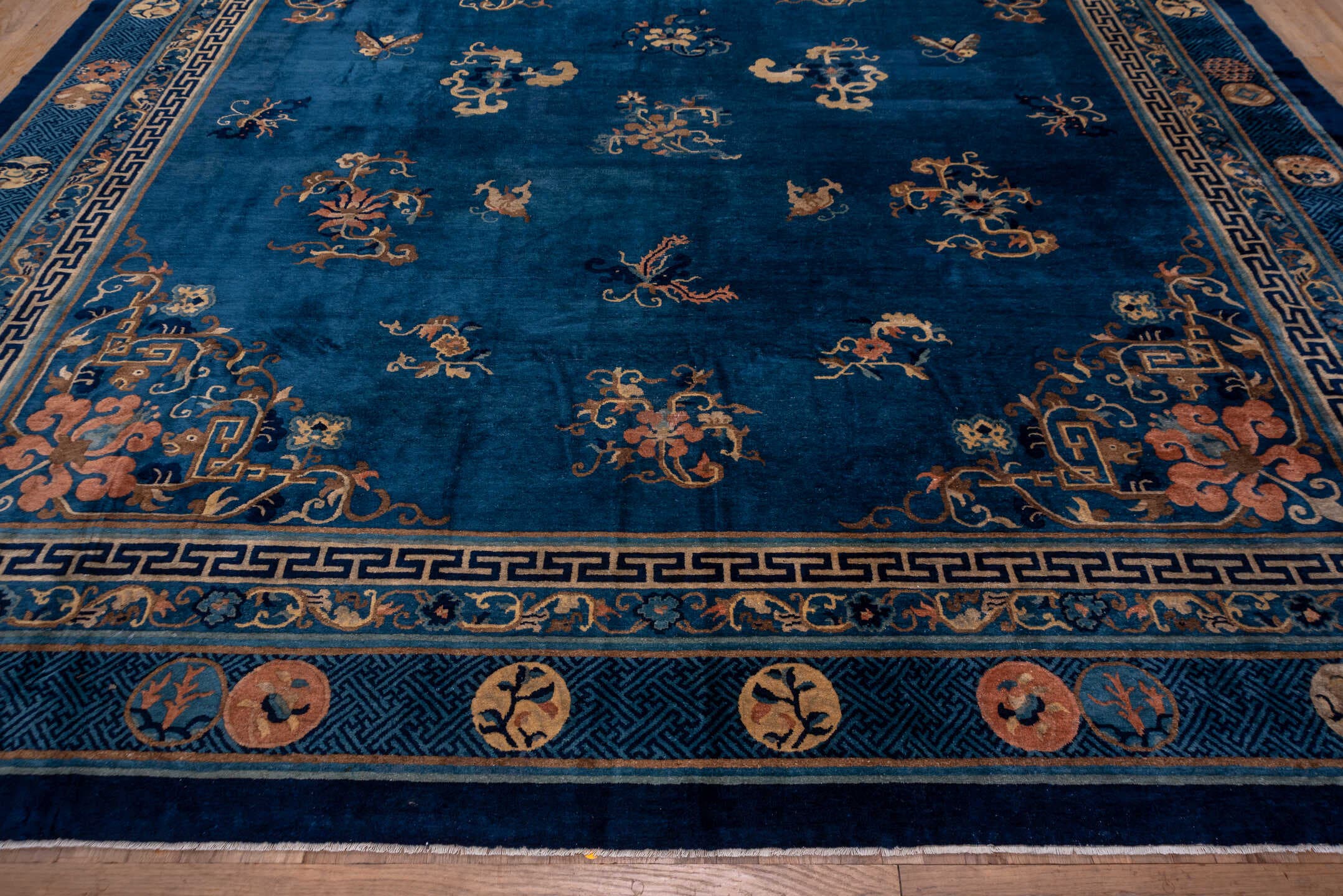 12' x 20' one-of-a-kind handmade antique Chinese oversize rug. Color palette: blue, ivory, camel, navy, taupe, peach, beige