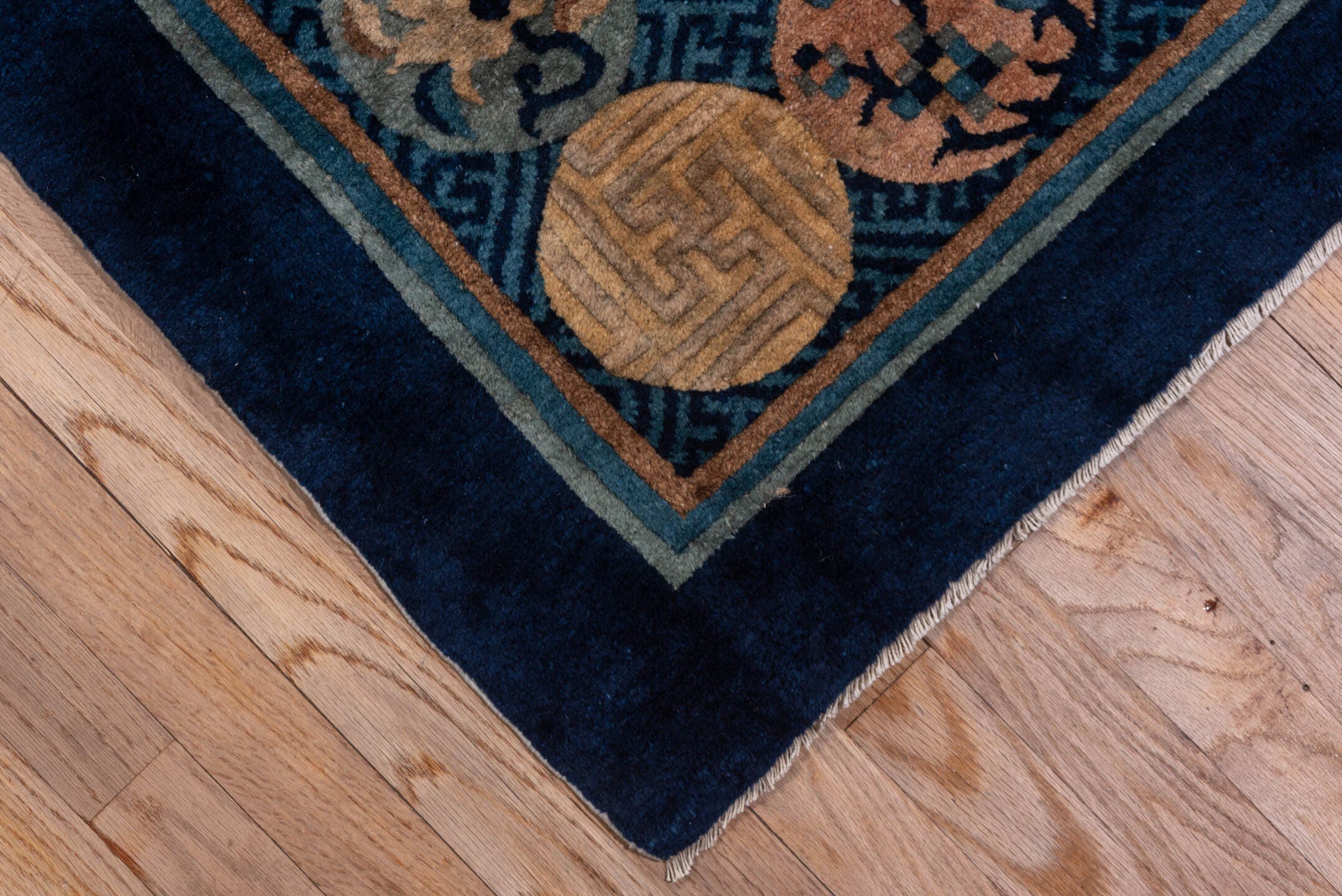 12' x 20' one-of-a-kind handmade antique Chinese oversize rug. Color palette: blue, ivory, camel, navy, taupe, peach, beige