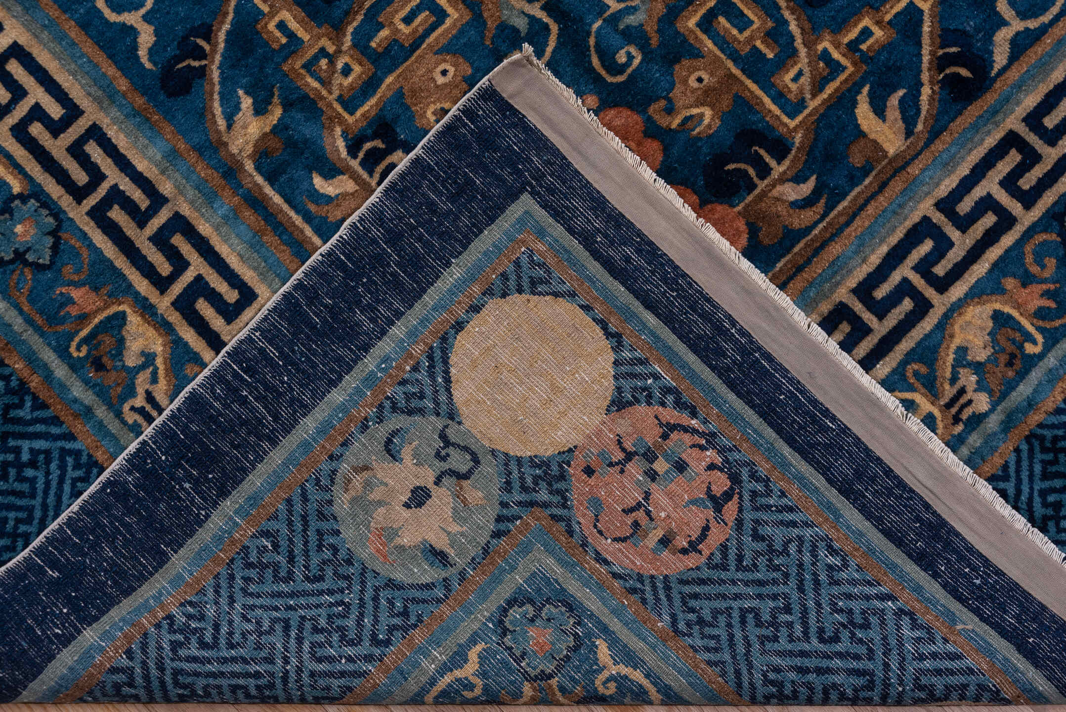 12' x 20' one-of-a-kind handmade vintage Chinese oversize rug. Color palette: blue, brown, burlywood, gray, light gray