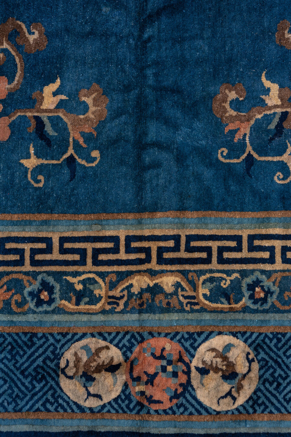 12' x 20' one-of-a-kind handmade antique Chinese oversize rug. Color palette: blue, ivory, camel, navy, taupe, peach, beige
