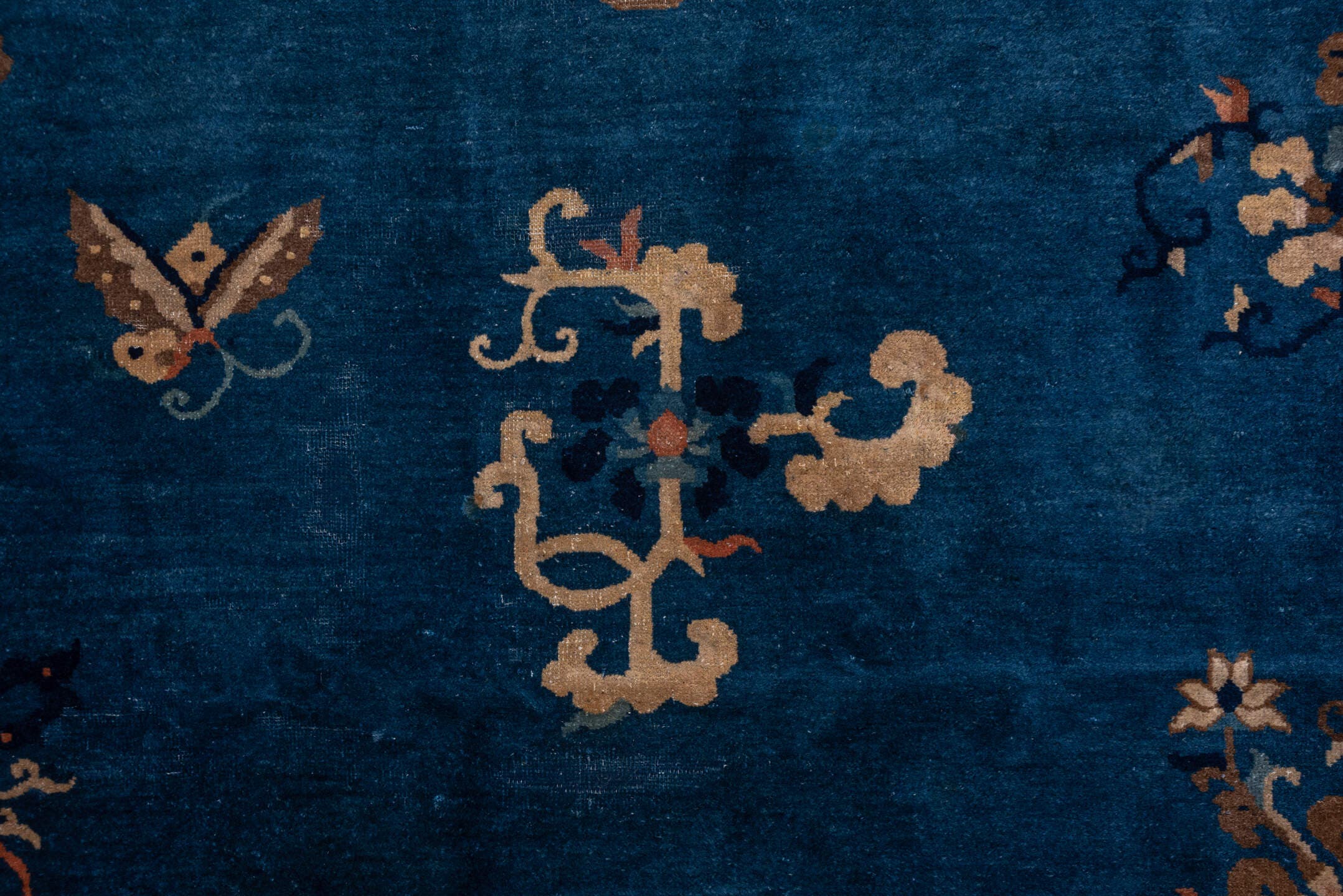 12' x 20' one-of-a-kind handmade antique Chinese oversize rug. Color palette: blue, ivory, camel, navy, taupe, peach, beige