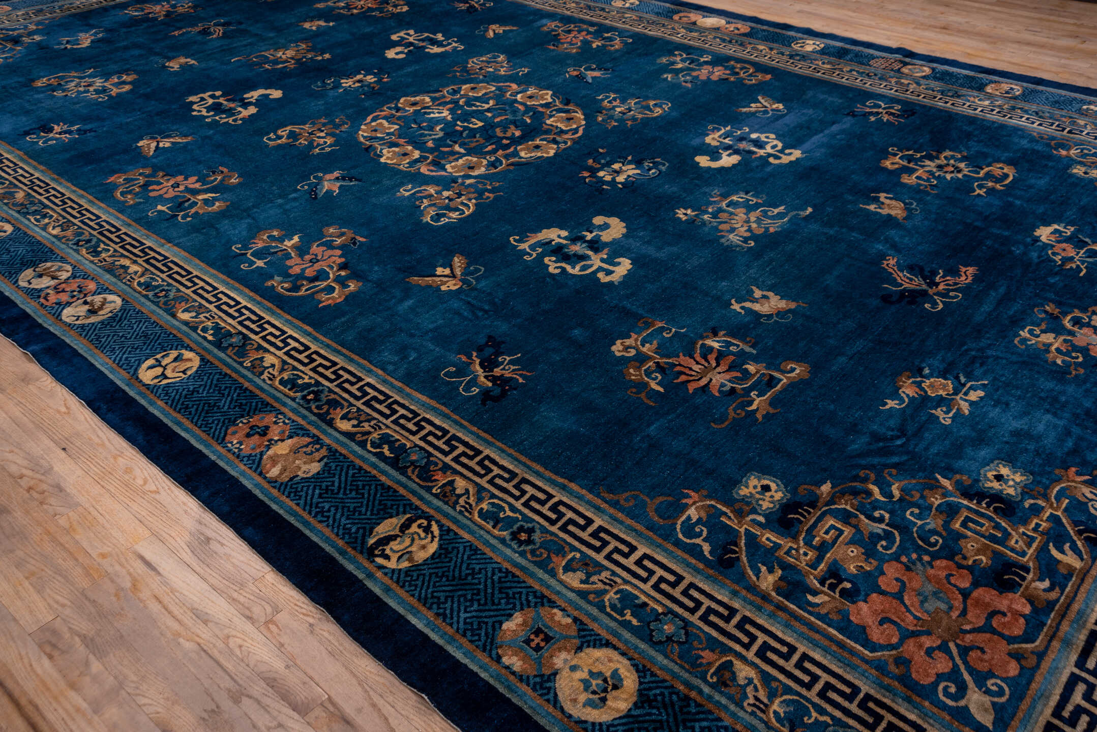 12' x 20' one-of-a-kind handmade vintage Chinese oversize rug. Color palette: blue, brown, burlywood, gray, light gray