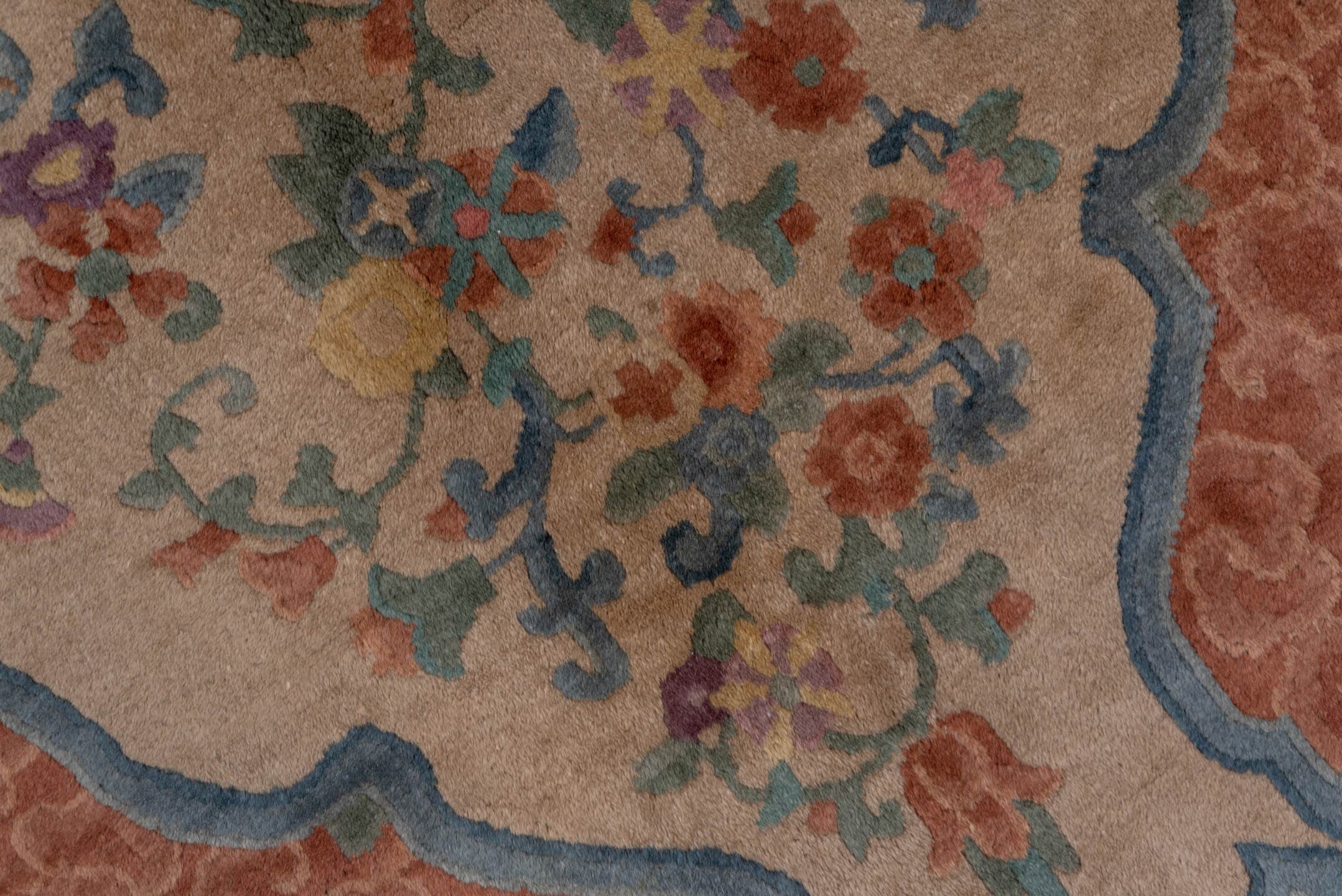 5' x 8' one-of-a-kind handmade antique Chinese medium size rug. Color palette: peach, ivory, blue, coral, teal, navy, rose