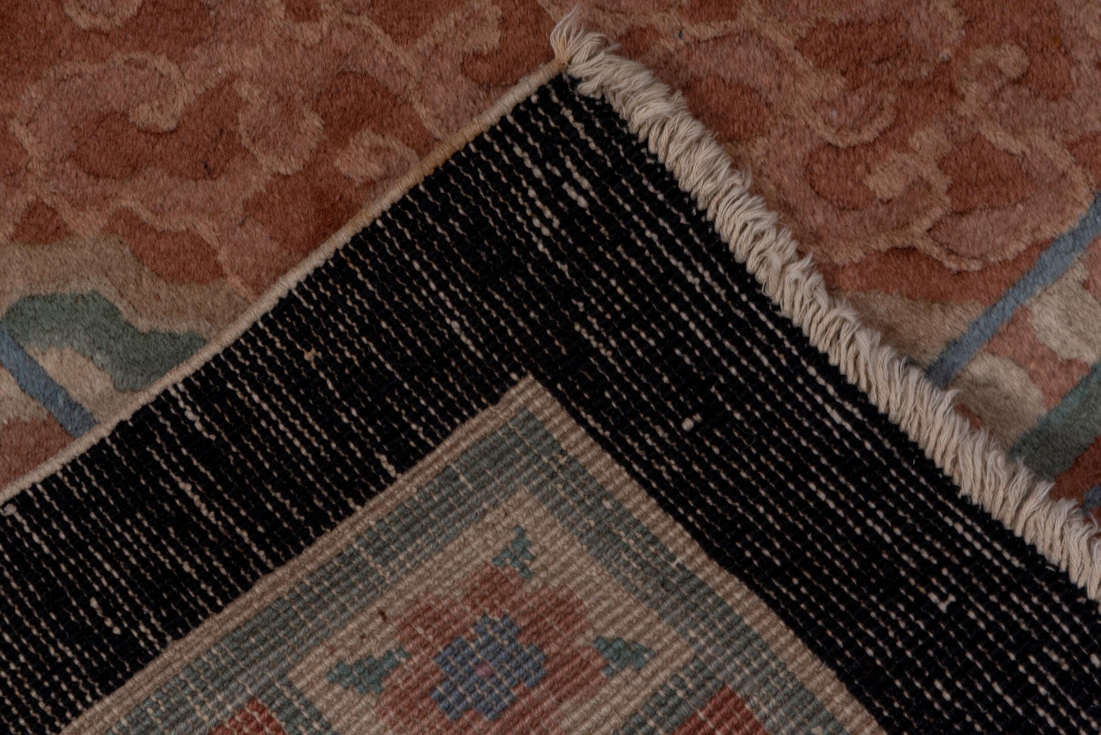 5' x 8' one-of-a-kind handmade antique Chinese medium size rug. Color palette: peach, ivory, blue, coral, teal, navy, rose
