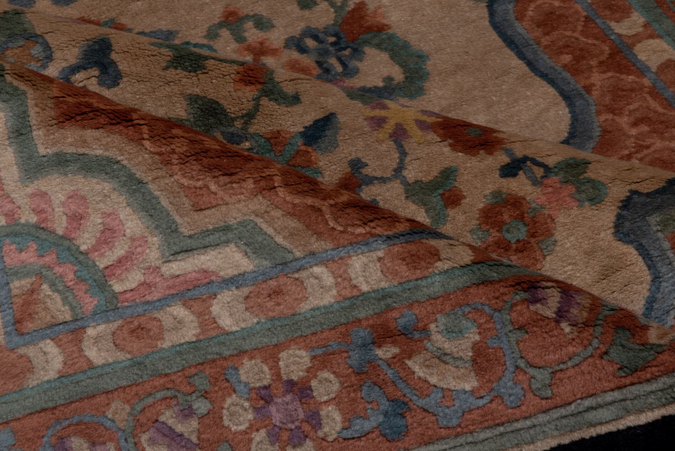 5' x 8' one-of-a-kind handmade antique Chinese medium size rug. Color palette: peach, ivory, blue, coral, teal, navy, rose