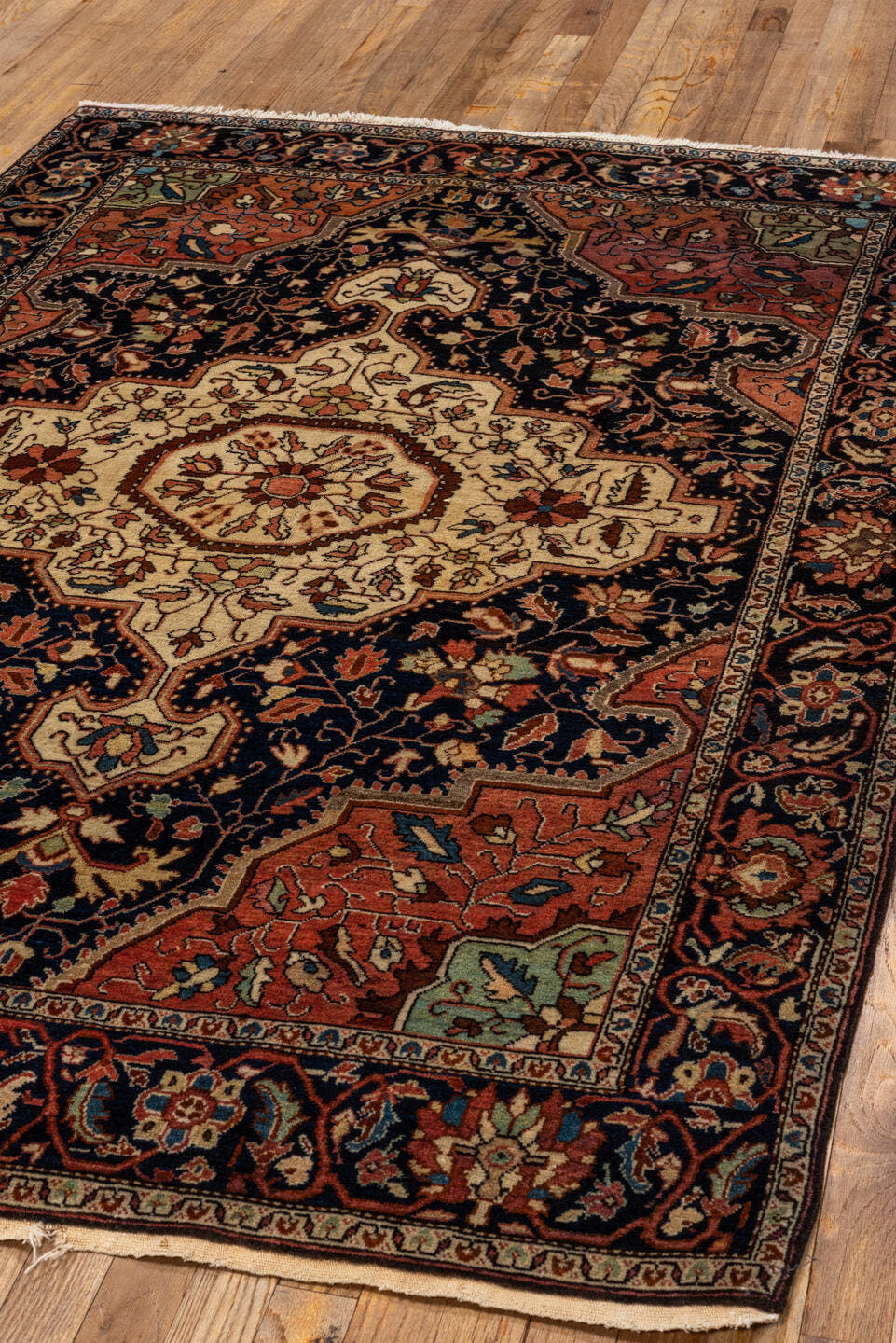 4' x 6' one-of-a-kind handmade antique Malysarouk small size rug. Color palette: navy, ivory, rust, rose, sky_blue, camel