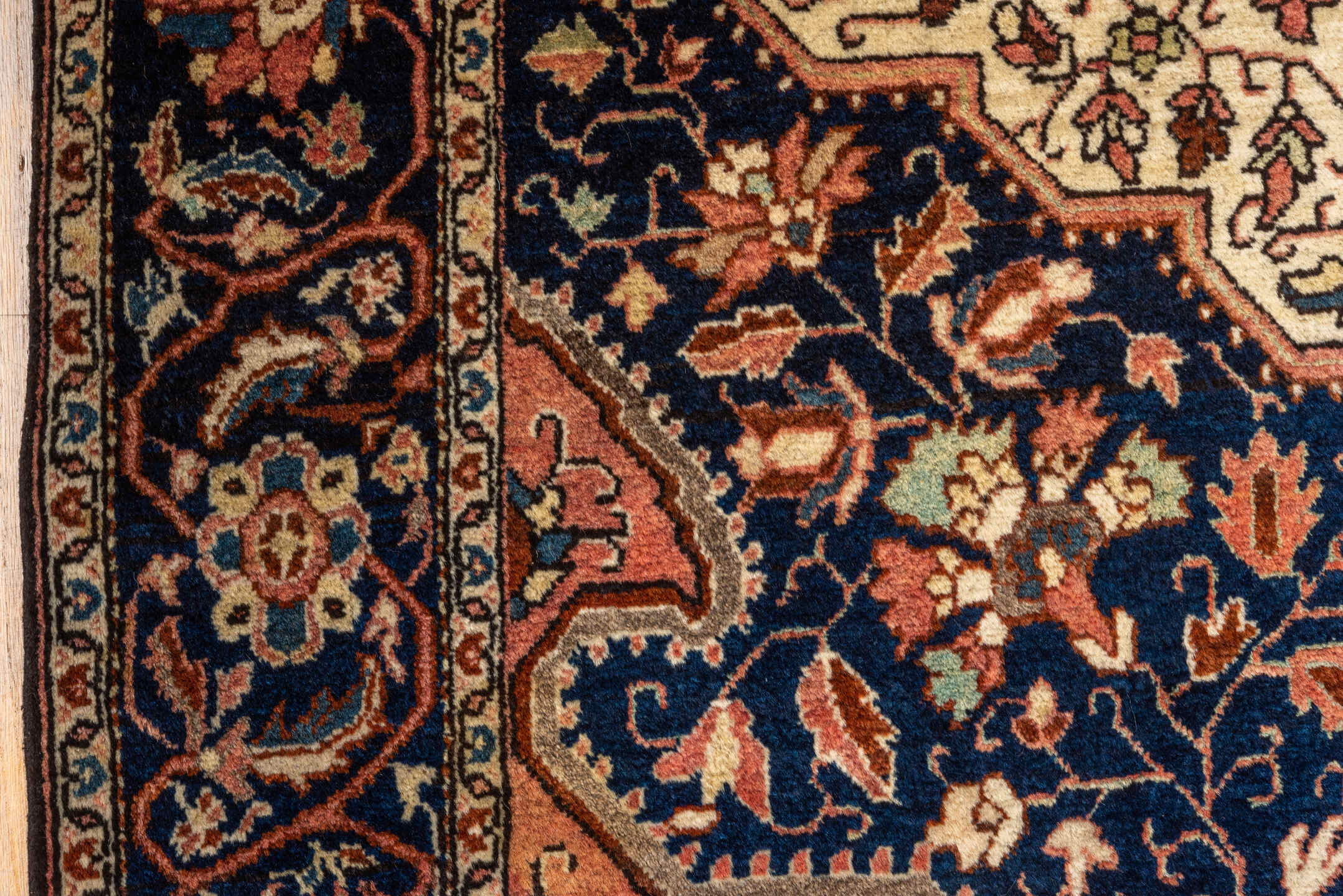 4' x 6' one-of-a-kind handmade antique Malysarouk small size rug. Color palette: navy, ivory, rust, rose, sky_blue, camel