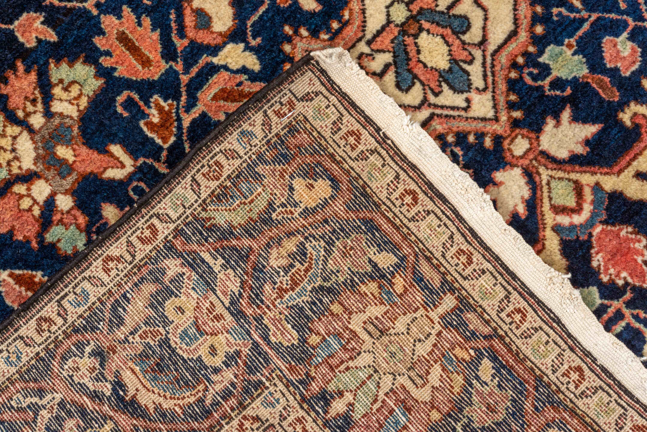 4' x 6' one-of-a-kind handmade antique Malysarouk small size rug. Color palette: navy, ivory, rust, rose, sky_blue, camel