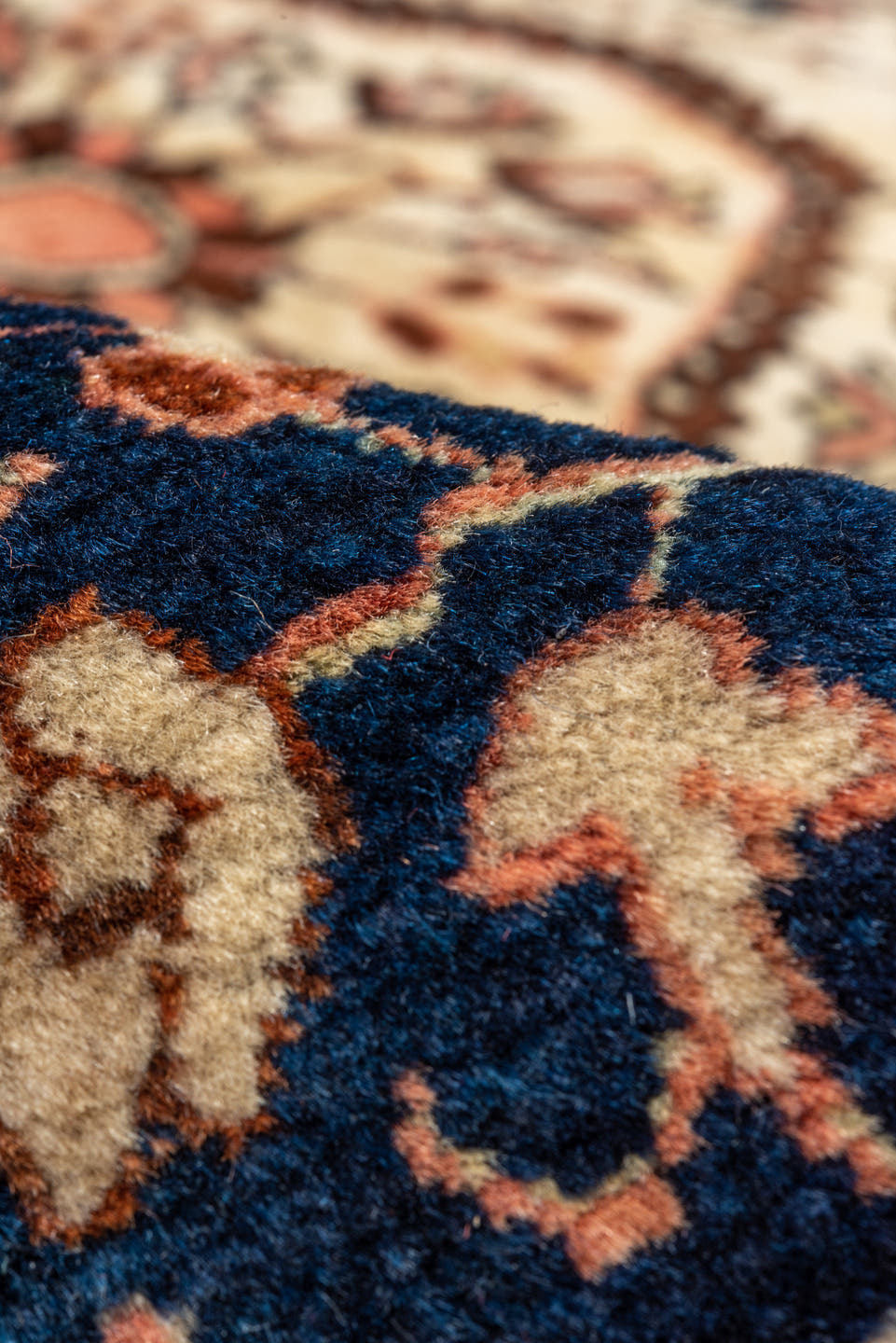 4' x 6' one-of-a-kind handmade antique Malysarouk small size rug. Color palette: navy, ivory, rust, rose, sky_blue, camel