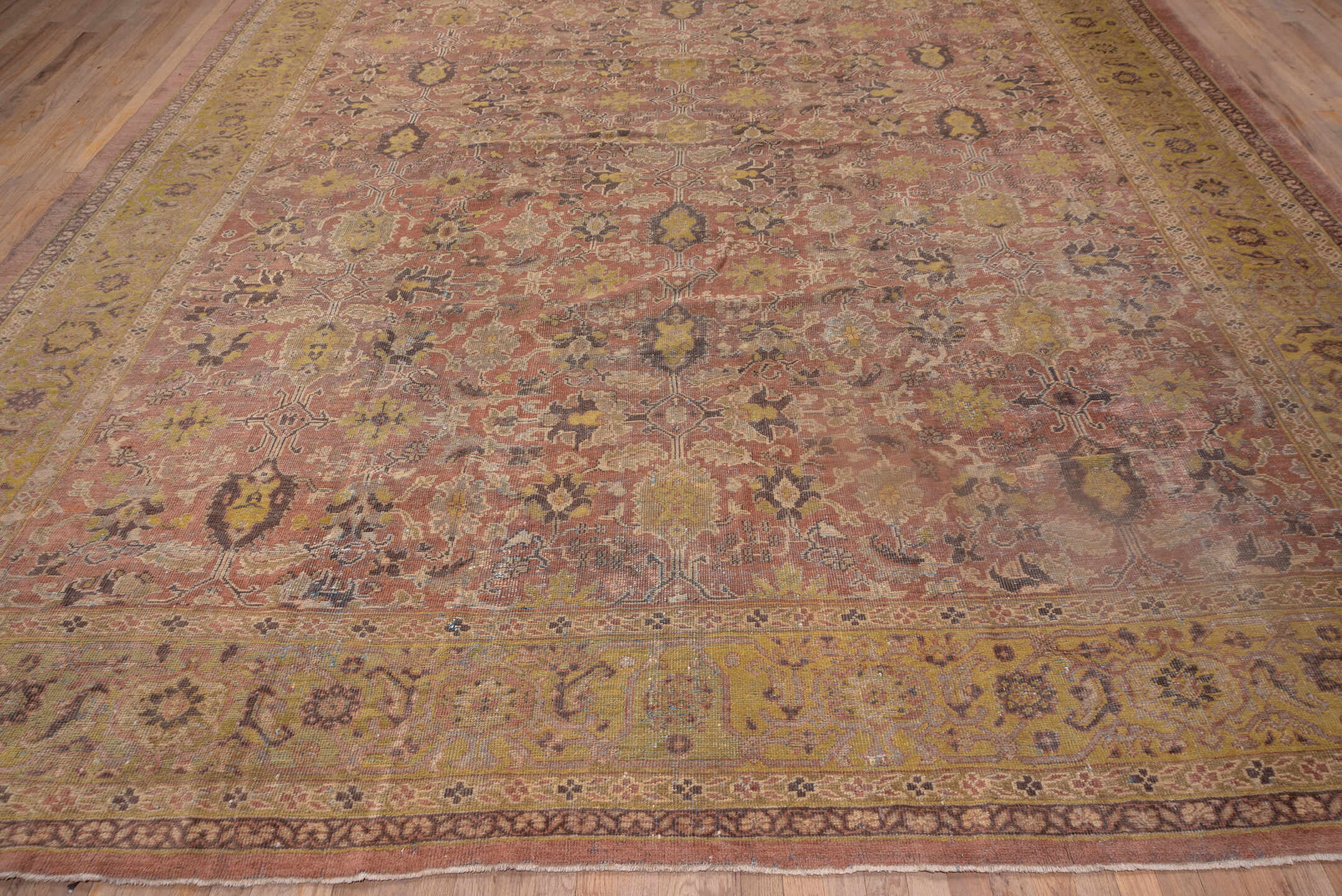 11' x 16' one-of-a-kind handmade antique Mahal oversize rug. Color palette: rose, gold, ivory, taupe, brown, sage