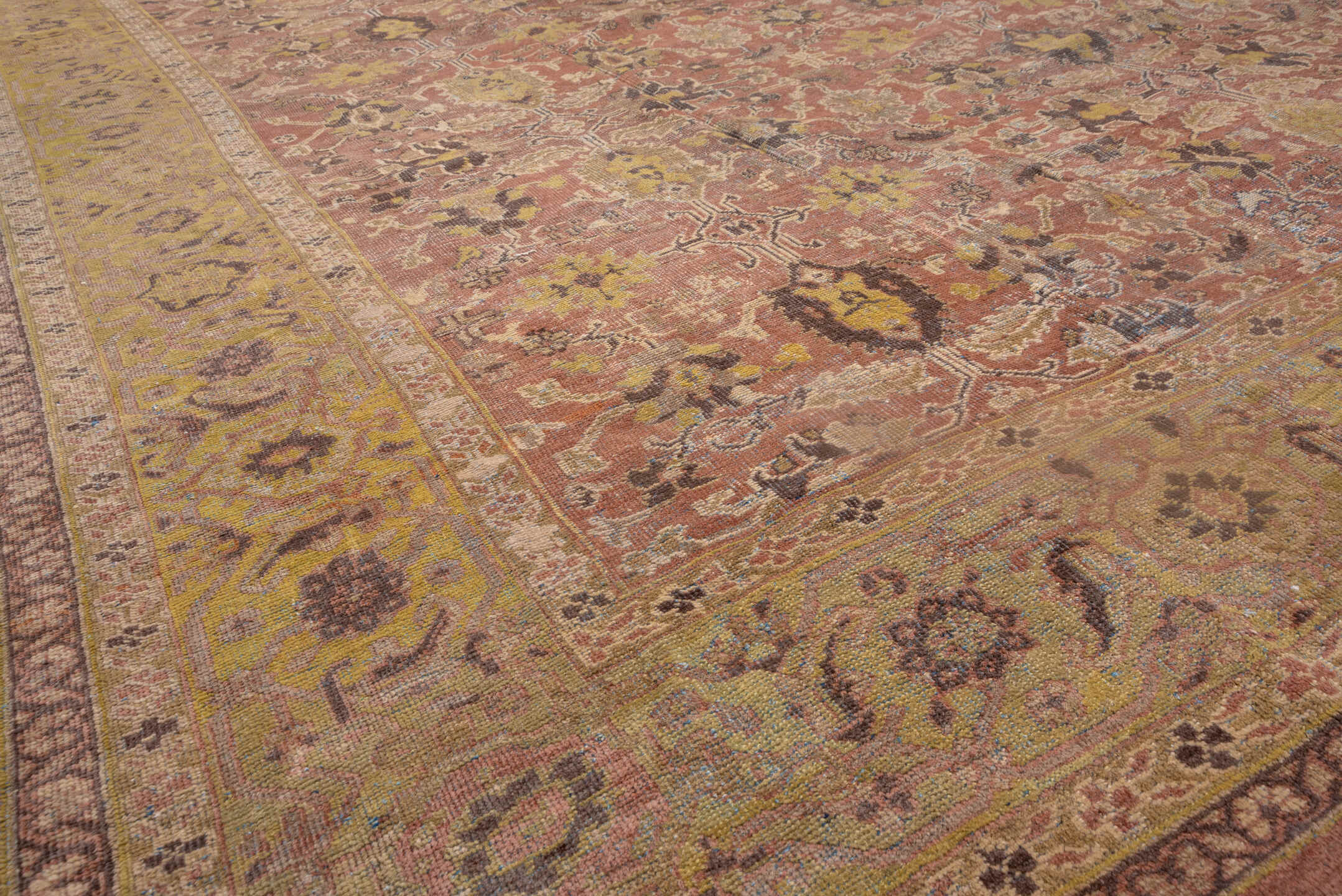 11' x 16' one-of-a-kind handmade antique Mahal oversize rug. Color palette: rose, gold, ivory, taupe, brown, sage