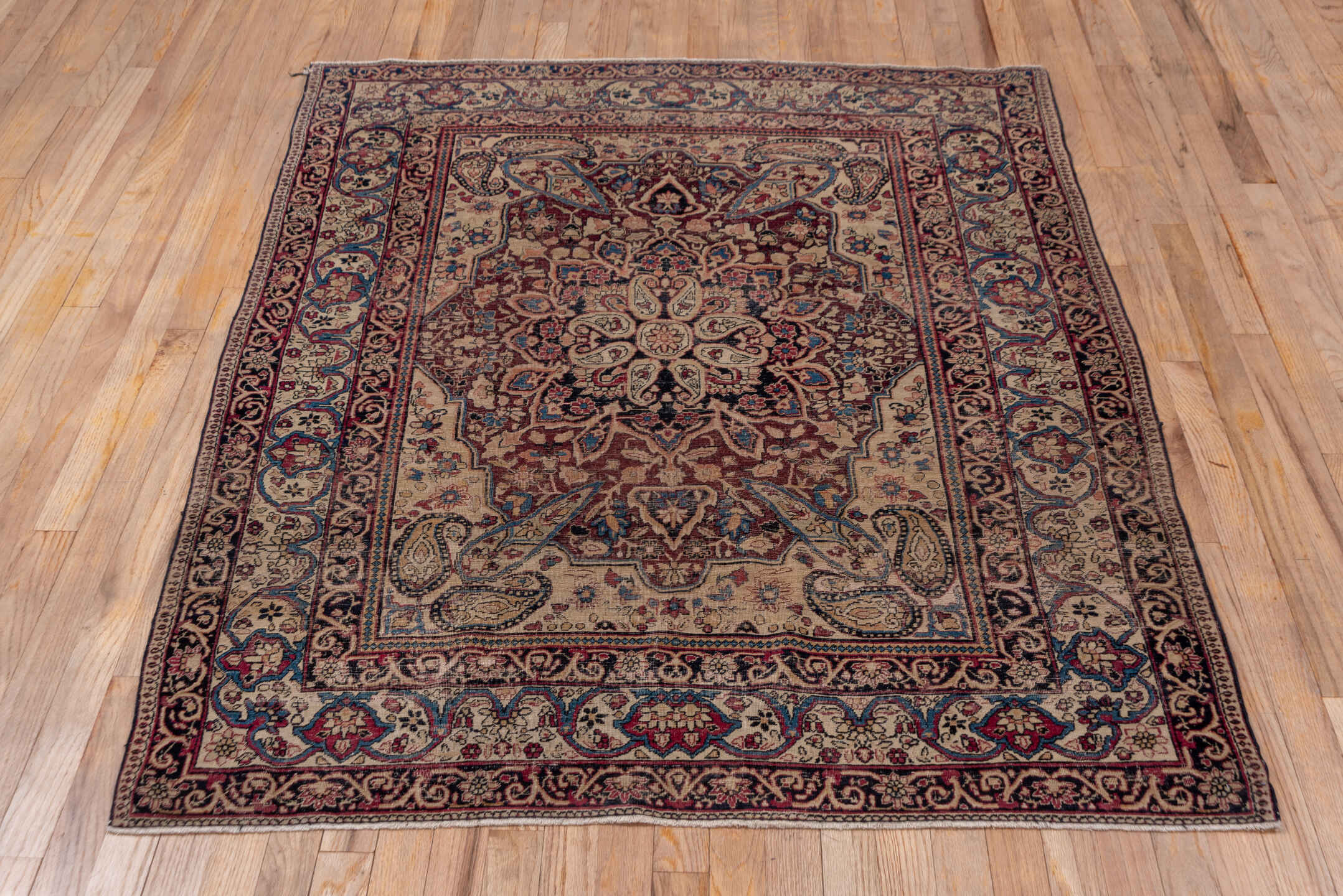 4' x 5' one-of-a-kind handmade antique Lavar small size rug. Color palette: ivory, burgundy, navy, taupe, rose, slate, camel