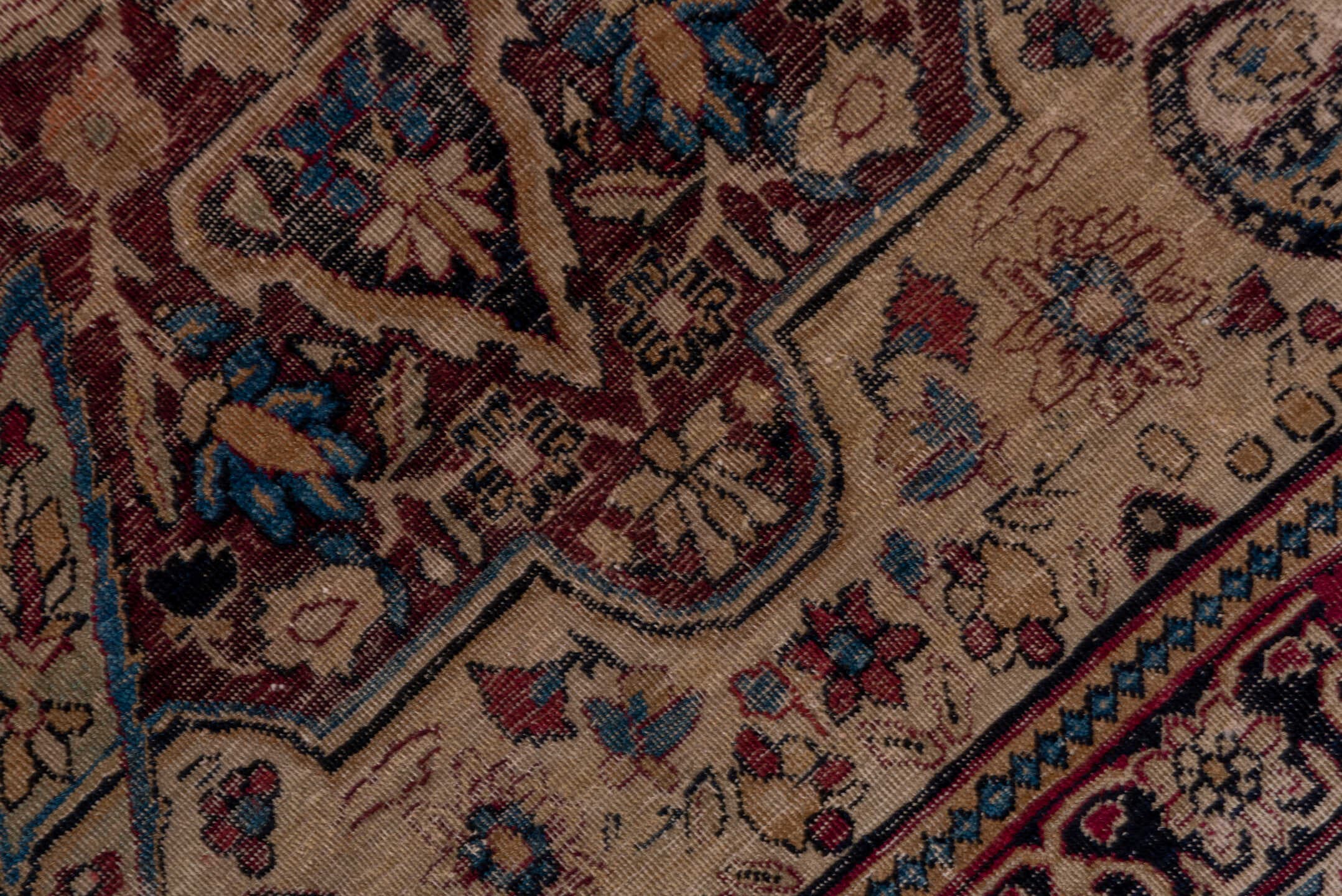 4' x 5' one-of-a-kind handmade antique Lavar small size rug. Color palette: ivory, burgundy, navy, taupe, rose, slate, camel