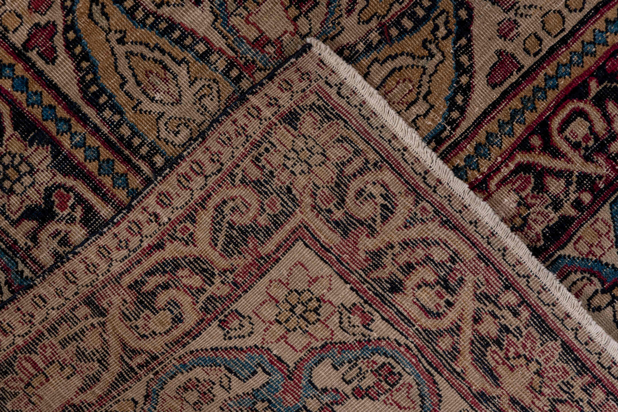 4' x 5' one-of-a-kind handmade antique Lavar small size rug. Color palette: ivory, burgundy, navy, taupe, rose, slate, camel