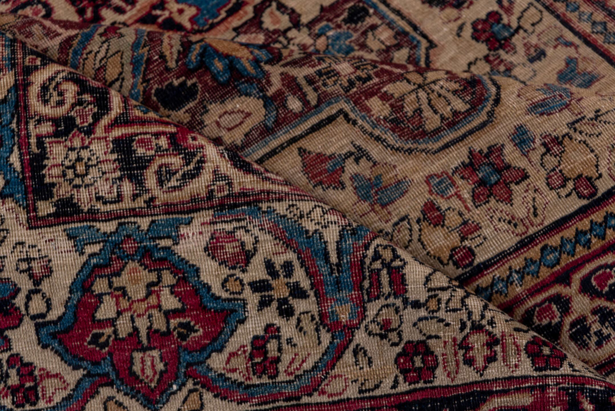 4' x 5' one-of-a-kind handmade antique Lavar small size rug. Color palette: ivory, burgundy, navy, taupe, rose, slate, camel