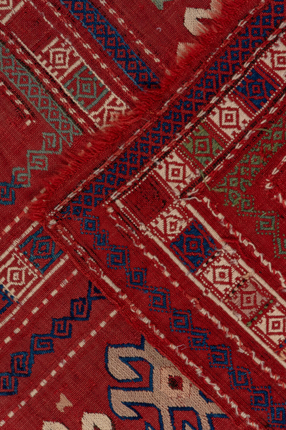 5' x 8' one-of-a-kind handmade antique Sumak medium size rug. Color palette: rust, ivory, indigo, terra cotta, sage, camel