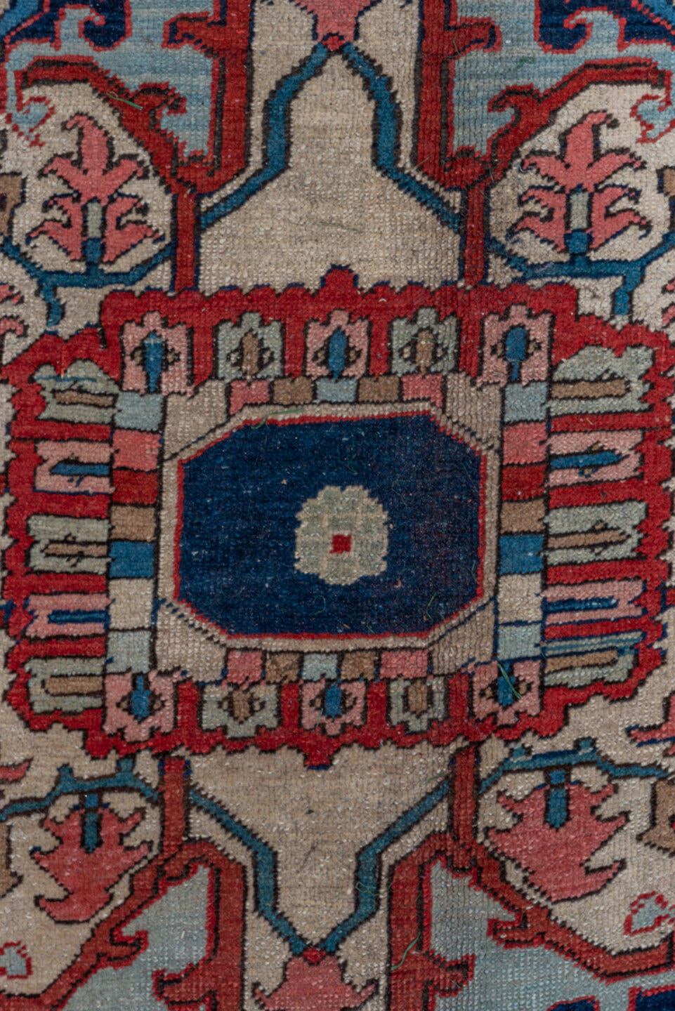 9' x 13' one-of-a-kind handmade antique Serapi large size rug. Color palette: rust, navy, ivory, sky_blue, rose, slate