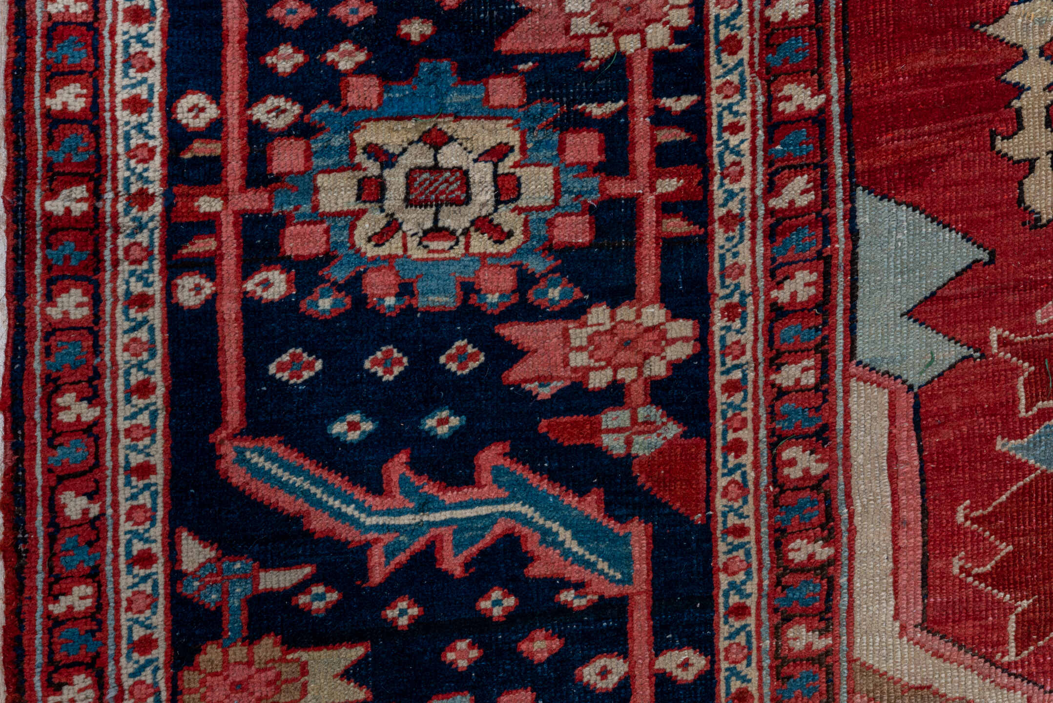 9' x 13' one-of-a-kind handmade antique Serapi large size rug. Color palette: rust, navy, ivory, sky_blue, rose, slate