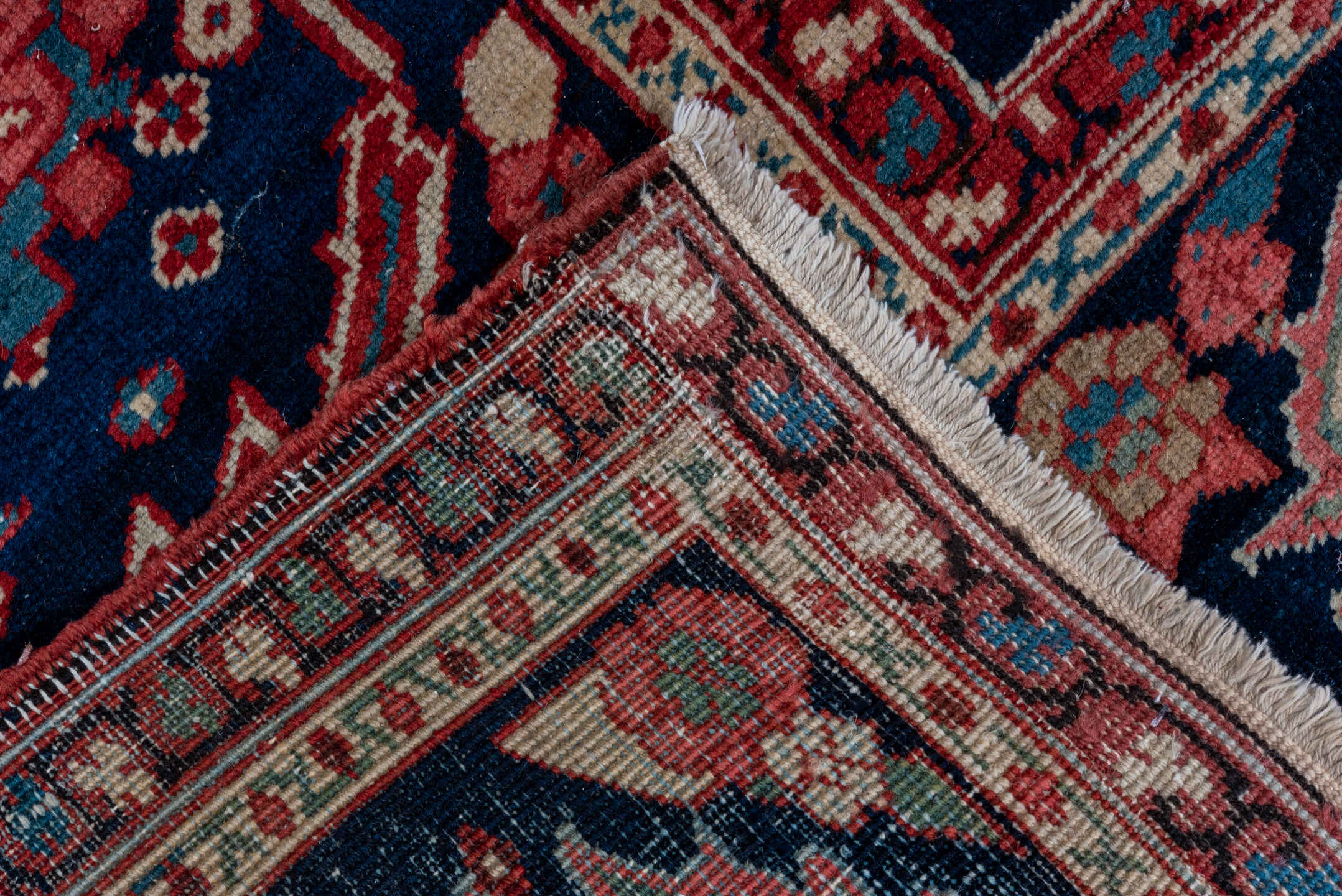 9' x 13' one-of-a-kind handmade vintage Serapi large size rug. Color palette: arapawa, blue, brown, gray, light gray