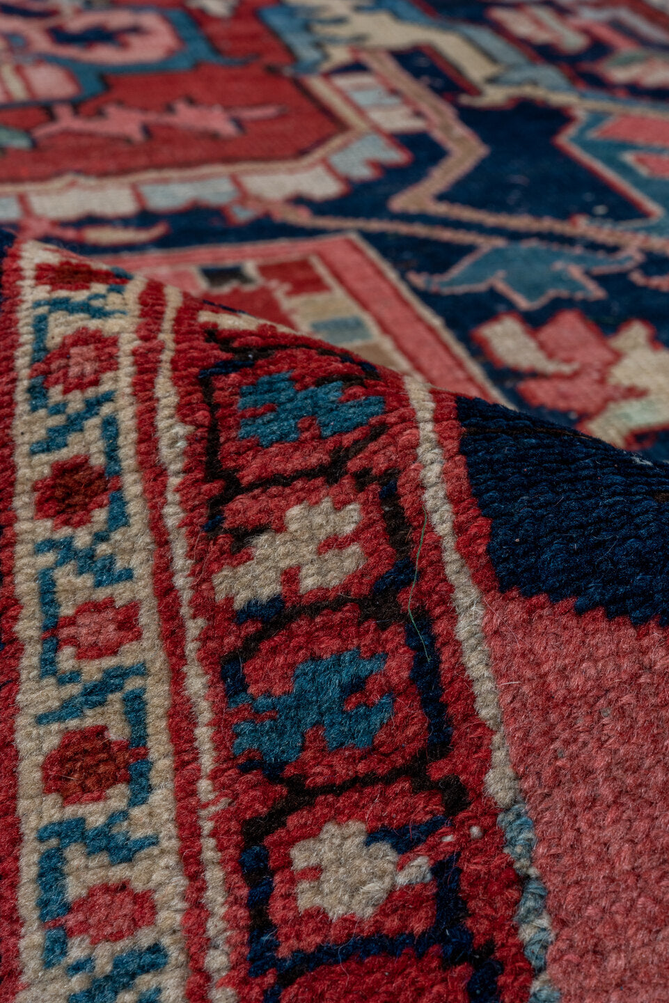 9' x 13' one-of-a-kind handmade vintage Serapi large size rug. Color palette: arapawa, blue, brown, gray, light gray