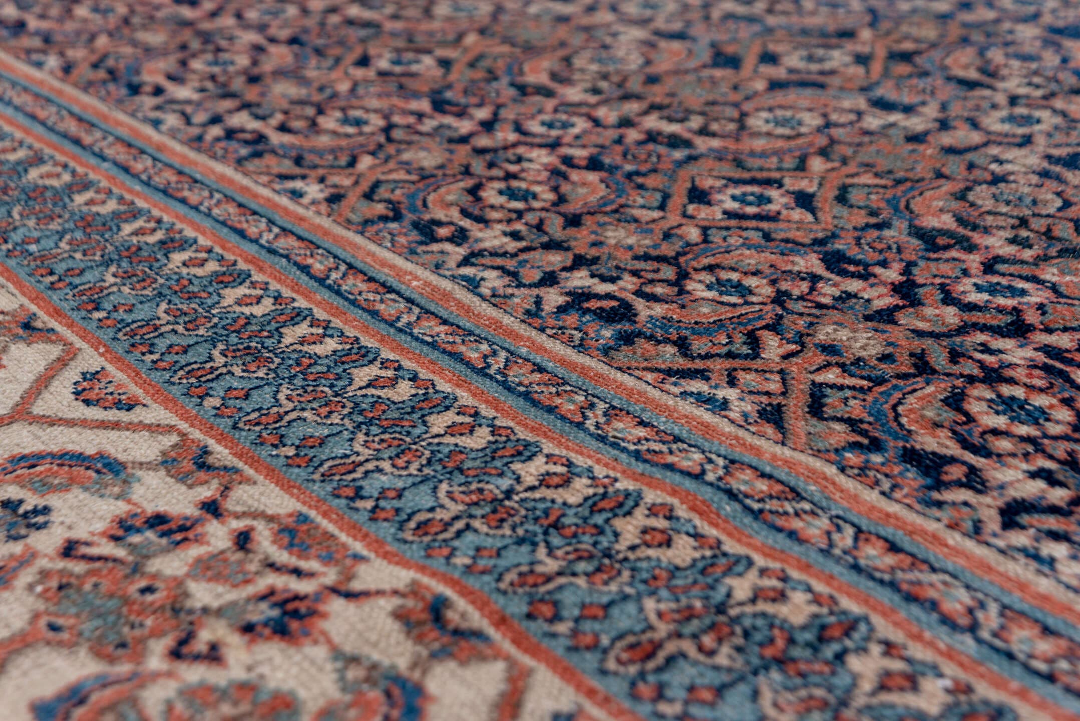 8' x 11' one-of-a-kind handmade antique Khorassan large size rug. Color palette: navy, ivory, rust, slate, camel, rose, blue
