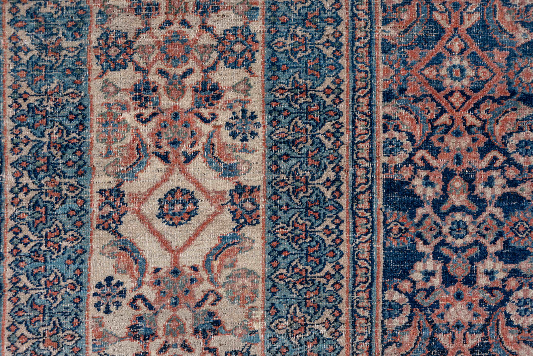 8' x 11' one-of-a-kind handmade antique Khorassan large size rug. Color palette: navy, ivory, rust, slate, camel, rose, blue