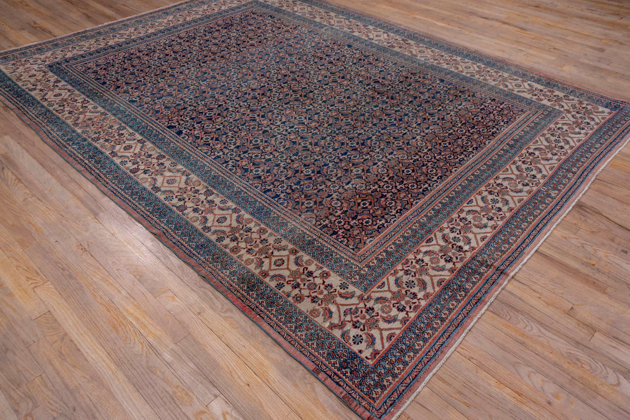 8' x 11' one-of-a-kind handmade antique Khorassan large size rug. Color palette: navy, ivory, rust, slate, camel, rose, blue