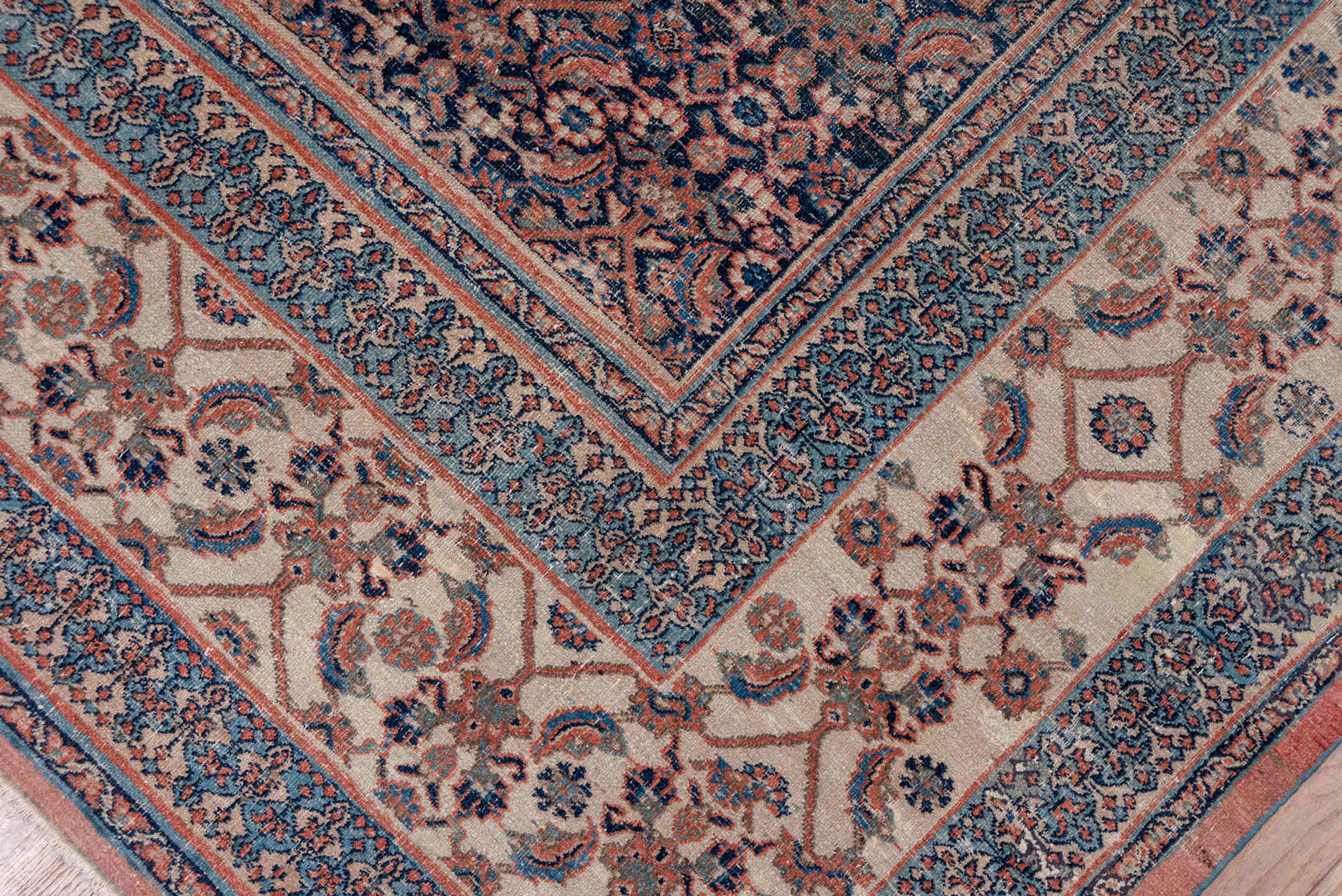 8' x 11' one-of-a-kind handmade antique Khorassan large size rug. Color palette: navy, ivory, rust, slate, camel, rose, blue