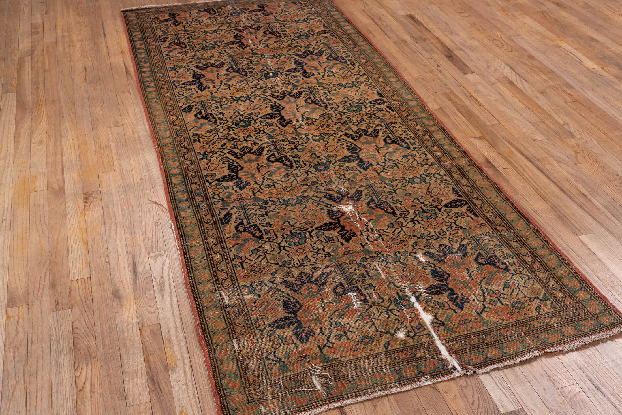 3' x 8' one-of-a-kind handmade antique Malayer runner rug. Color palette: terra cotta, navy, sage, camel, rose, ivory