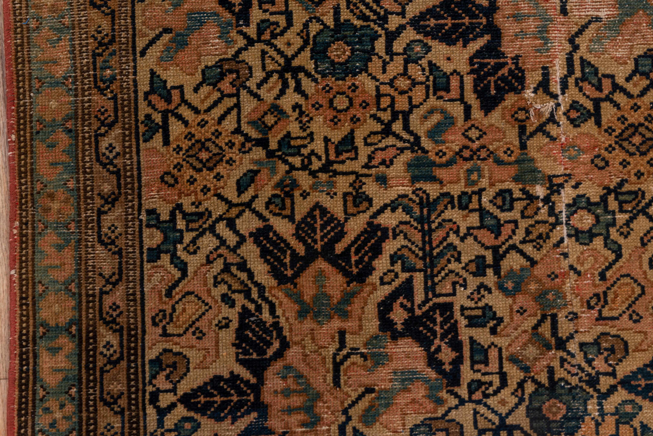 3' x 8' one-of-a-kind handmade antique Malayer runner rug. Color palette: terra cotta, navy, sage, camel, rose, ivory