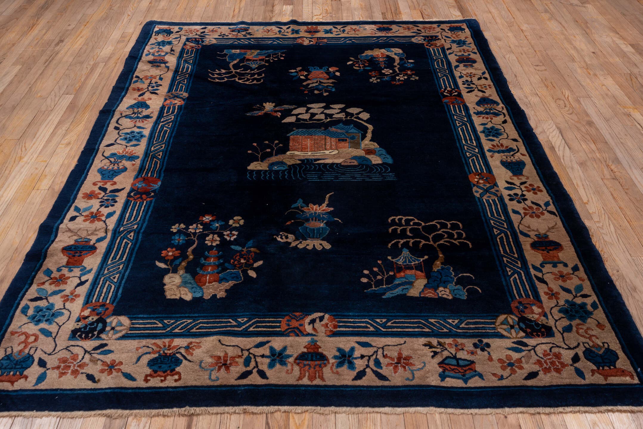 6' x 8' one-of-a-kind handmade antique Chinese medium size rug. Color palette: navy, ivory, cobalt, terra cotta, camel, rose