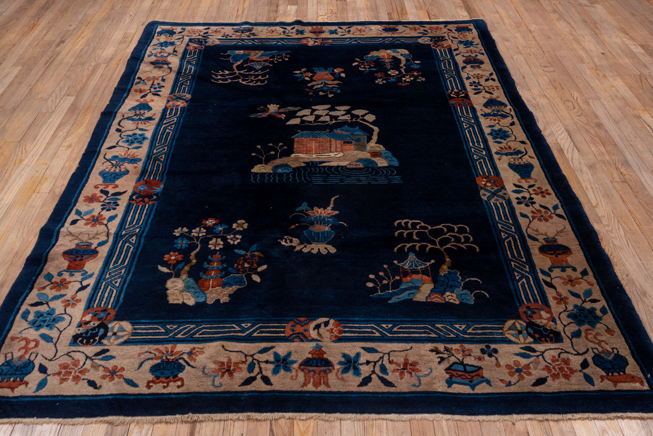 6' x 8' one-of-a-kind handmade vintage Chinese medium size rug. Color palette: black, blue, brown, gray, off-white, pink