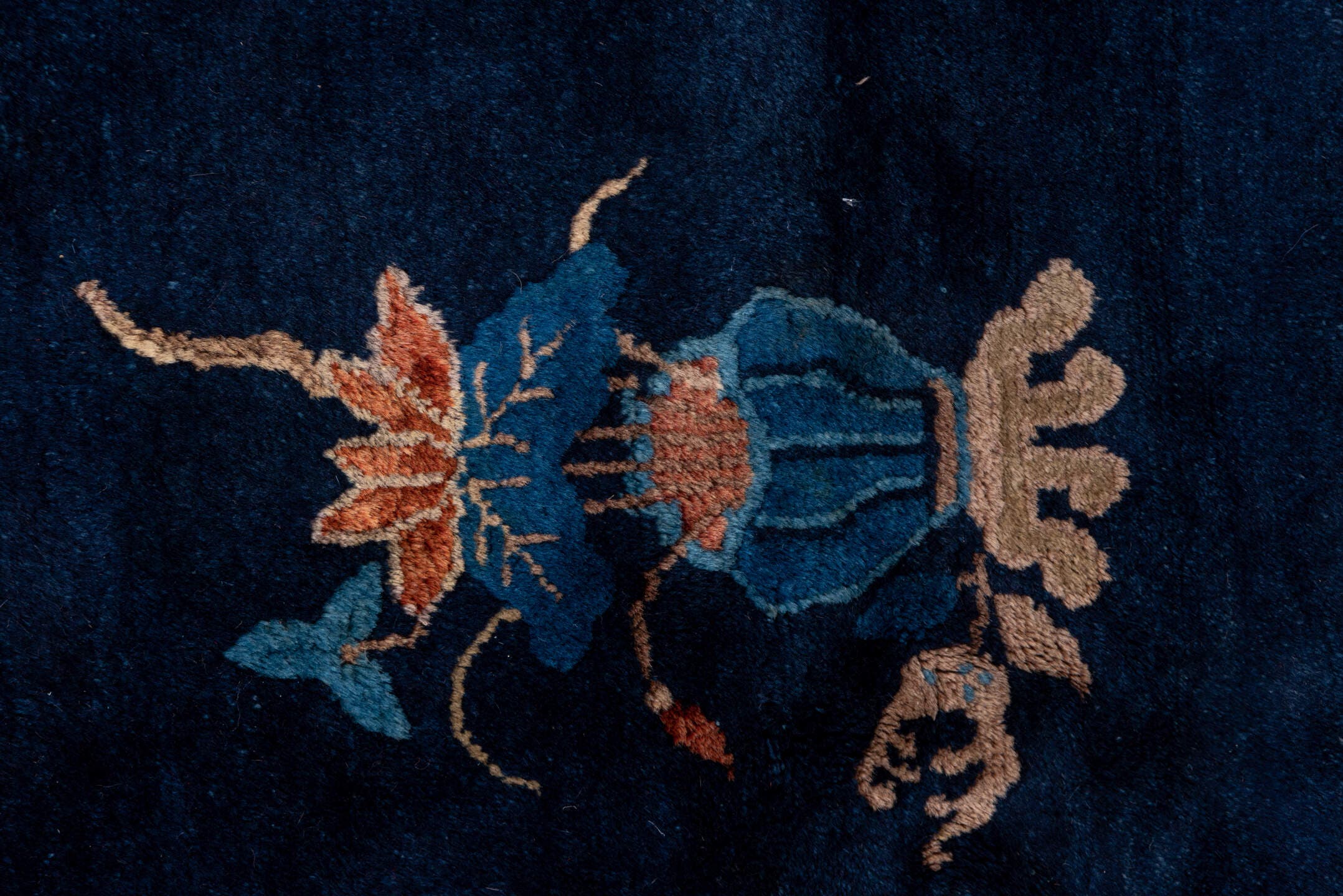 6' x 8' one-of-a-kind handmade antique Chinese medium size rug. Color palette: navy, ivory, cobalt, terra cotta, camel, rose