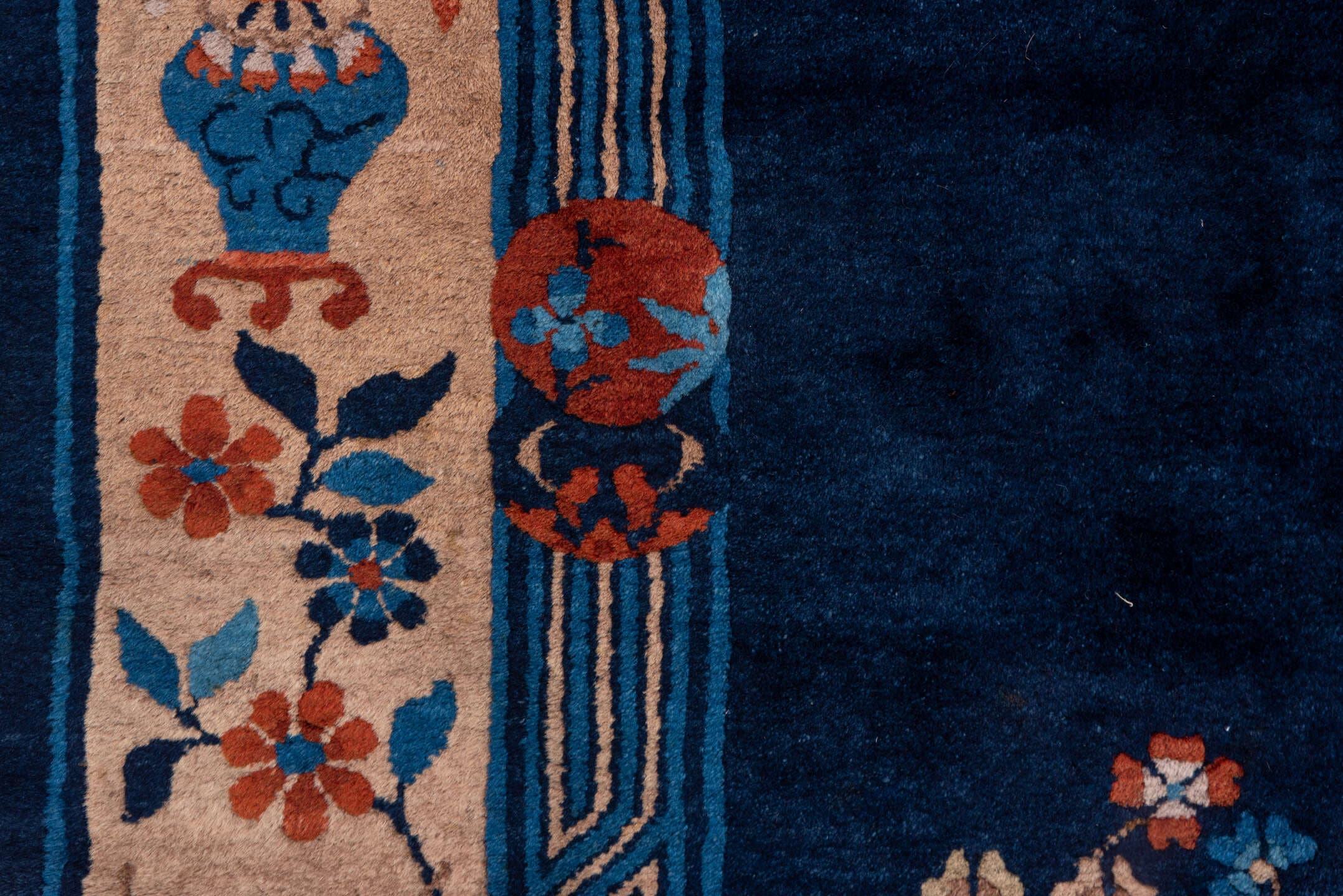 6' x 8' one-of-a-kind handmade antique Chinese medium size rug. Color palette: navy, ivory, cobalt, terra cotta, camel, rose