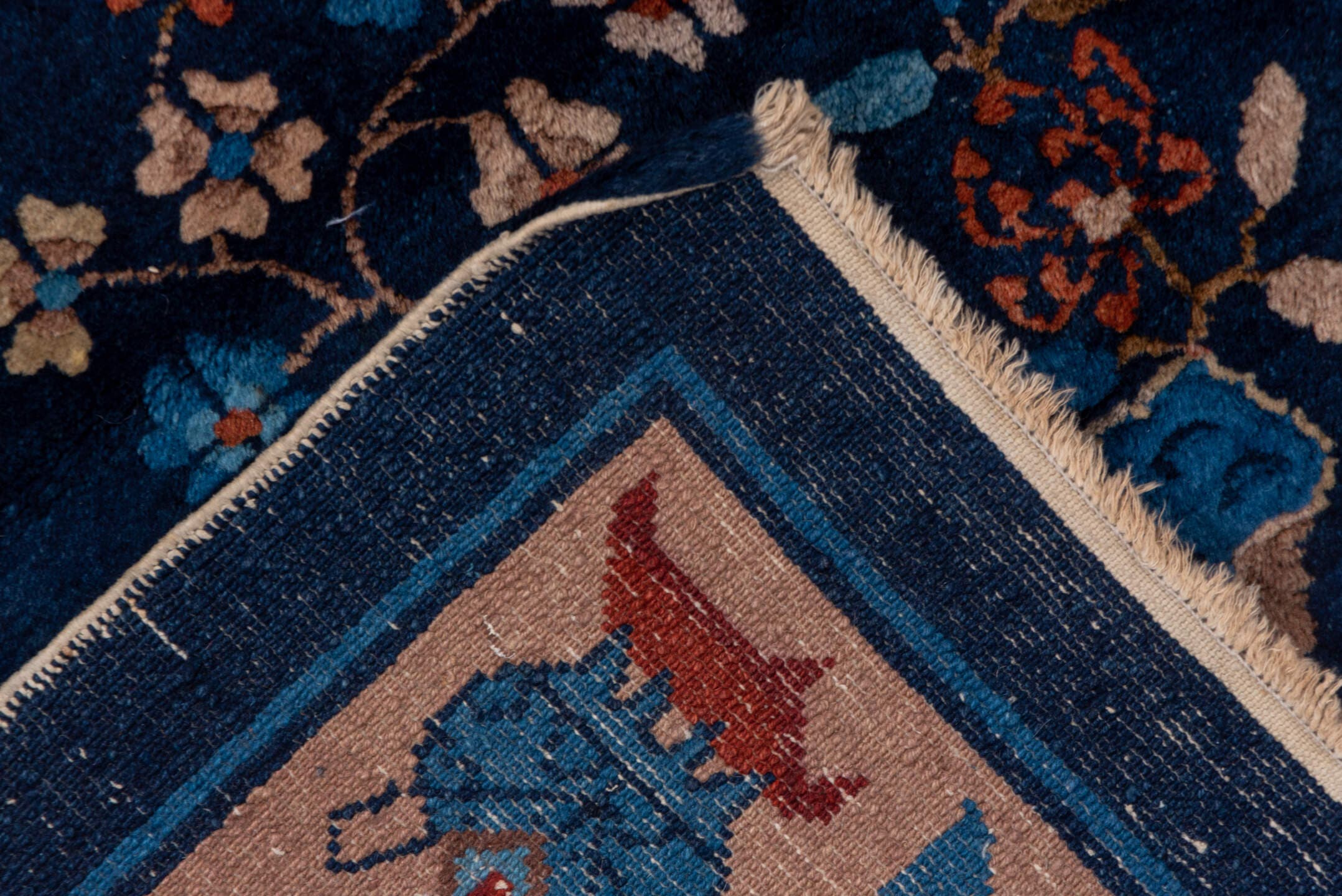 6' x 8' one-of-a-kind handmade antique Chinese medium size rug. Color palette: navy, ivory, cobalt, terra cotta, camel, rose