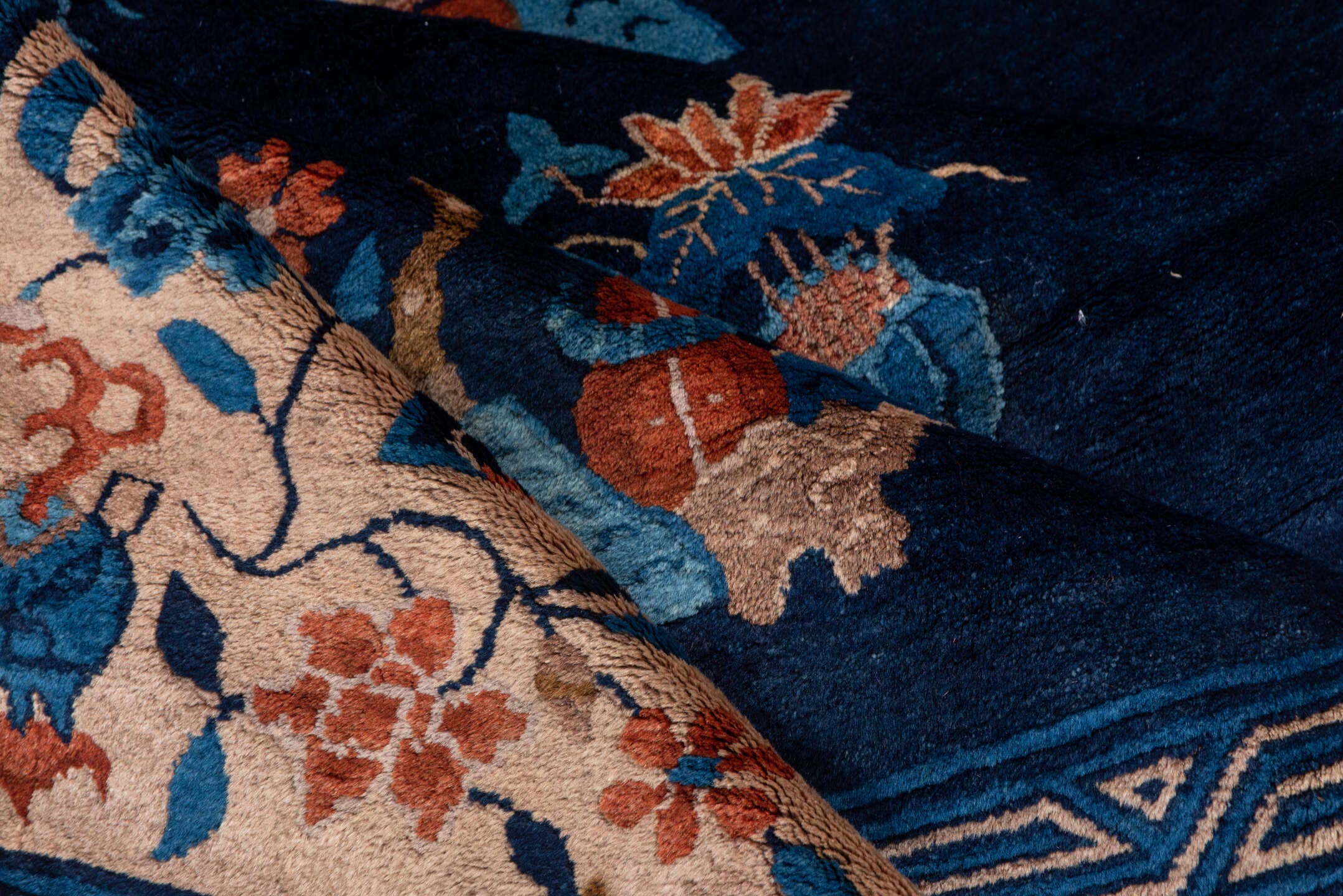 6' x 8' one-of-a-kind handmade antique Chinese medium size rug. Color palette: navy, ivory, cobalt, terra cotta, camel, rose