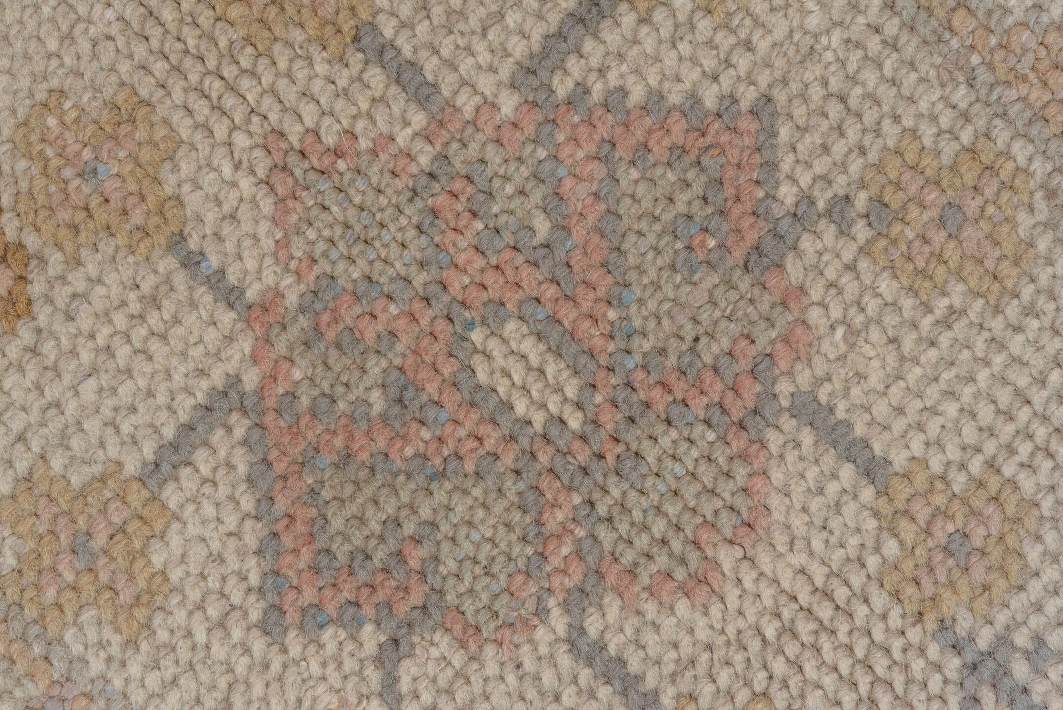 6' x 9' one-of-a-kind handmade antique Oushak medium size rug. Color palette: ivory, blush, taupe, sage, gold, rose, camel