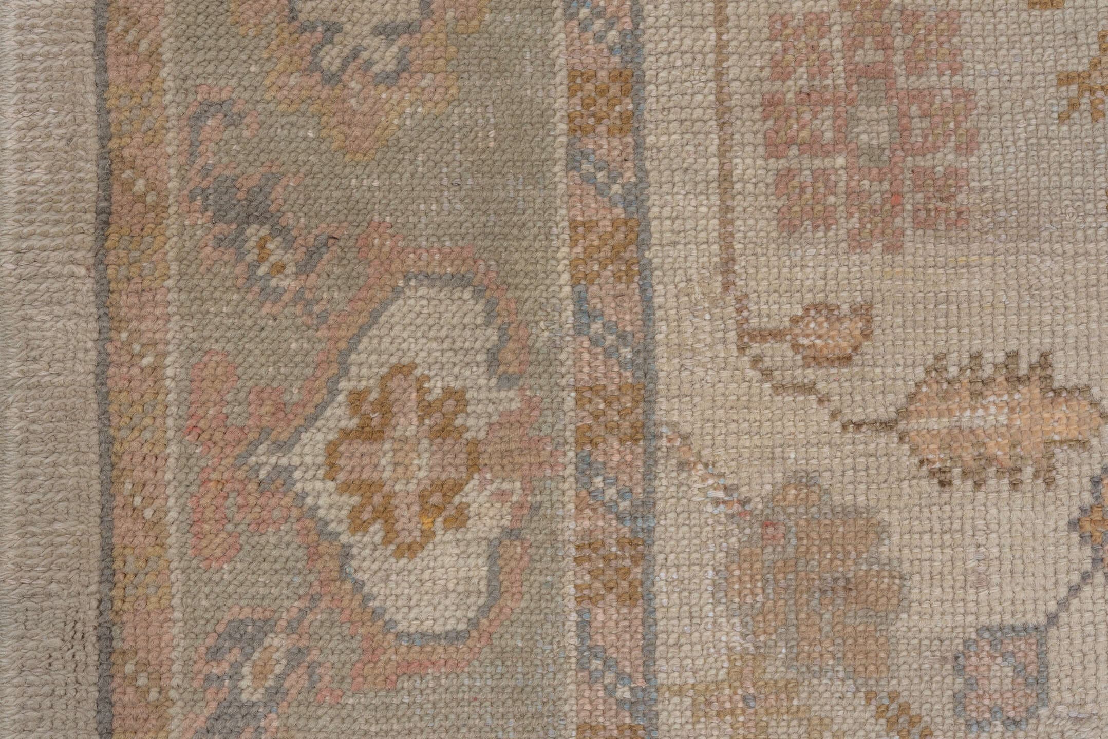 6' x 9' one-of-a-kind handmade antique Oushak medium size rug. Color palette: ivory, blush, taupe, sage, gold, rose, camel