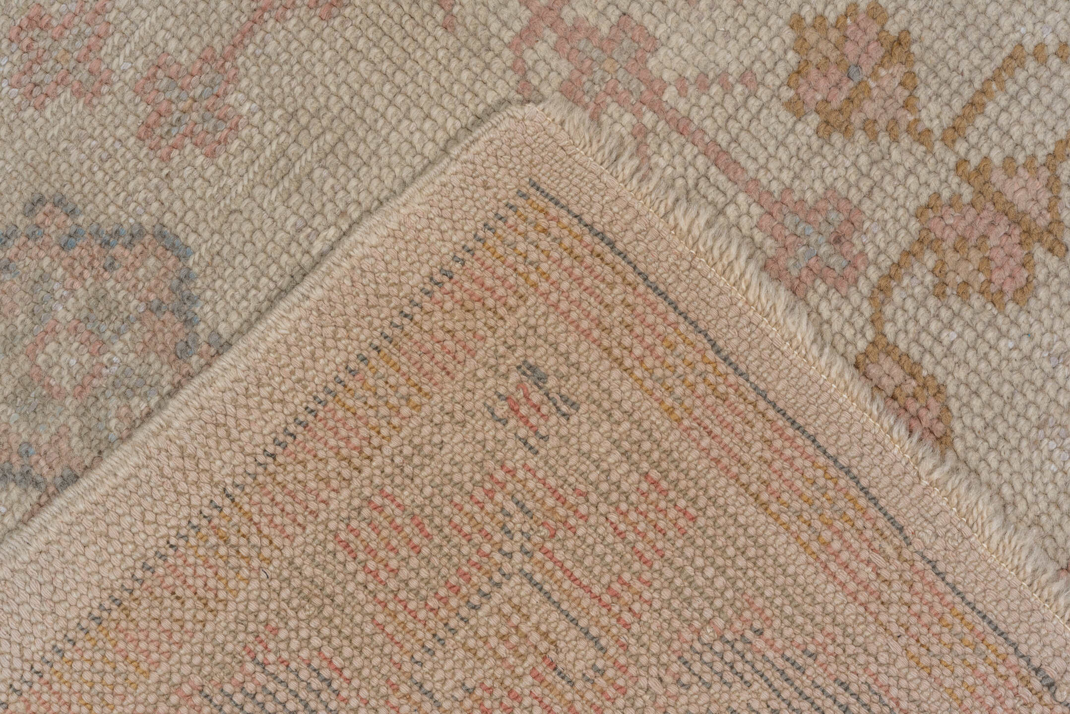 6' x 9' one-of-a-kind handmade antique Oushak medium size rug. Color palette: ivory, blush, taupe, sage, gold, rose, camel