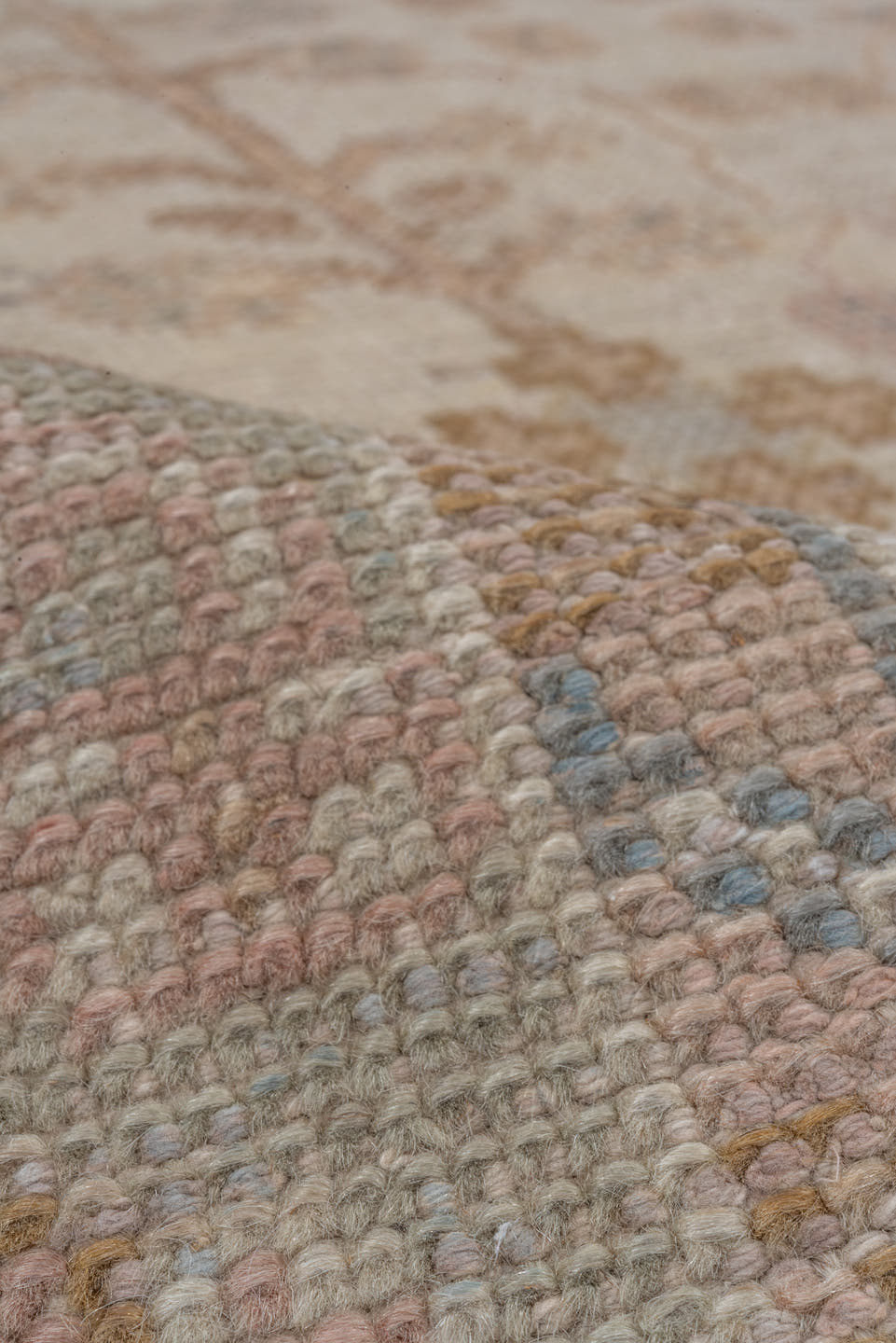 6' x 9' one-of-a-kind handmade antique Oushak medium size rug. Color palette: ivory, blush, taupe, sage, gold, rose, camel