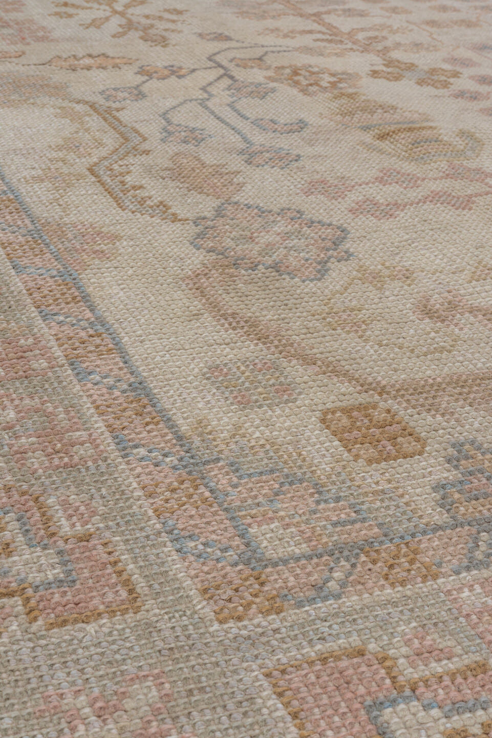 6' x 9' one-of-a-kind handmade antique Oushak medium size rug. Color palette: ivory, blush, taupe, sage, gold, rose, camel