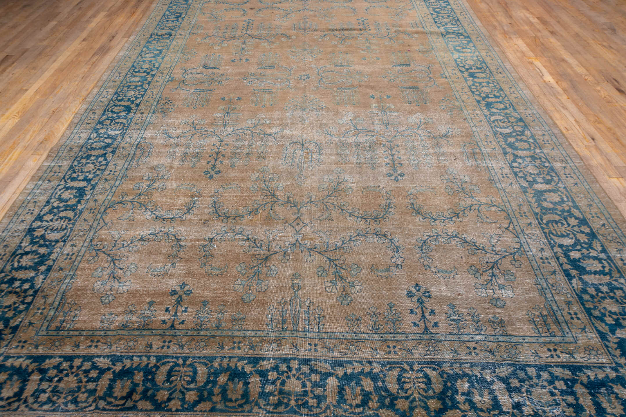 8' x 14' one-of-a-kind handmade antique Laristan rug. Color palette: taupe, indigo, beige, slate, ivory, gray, purple