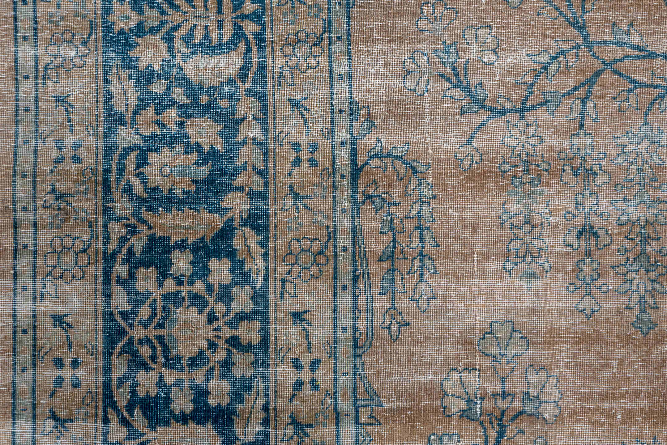 8' x 14' one-of-a-kind handmade antique Laristan rug. Color palette: taupe, indigo, beige, slate, ivory, gray, purple