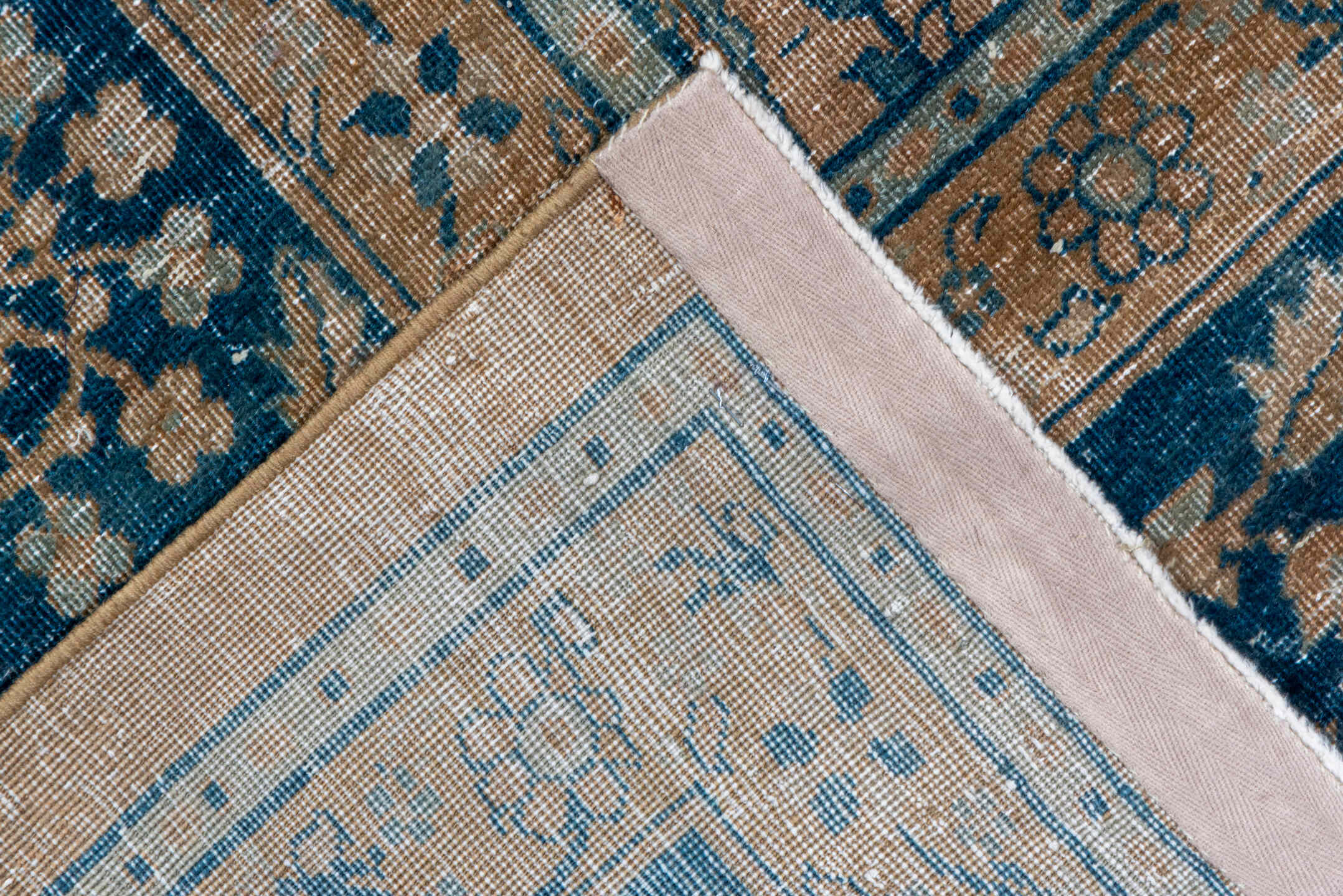 8' x 14' one-of-a-kind handmade antique Laristan rug. Color palette: taupe, indigo, beige, slate, ivory, gray, purple