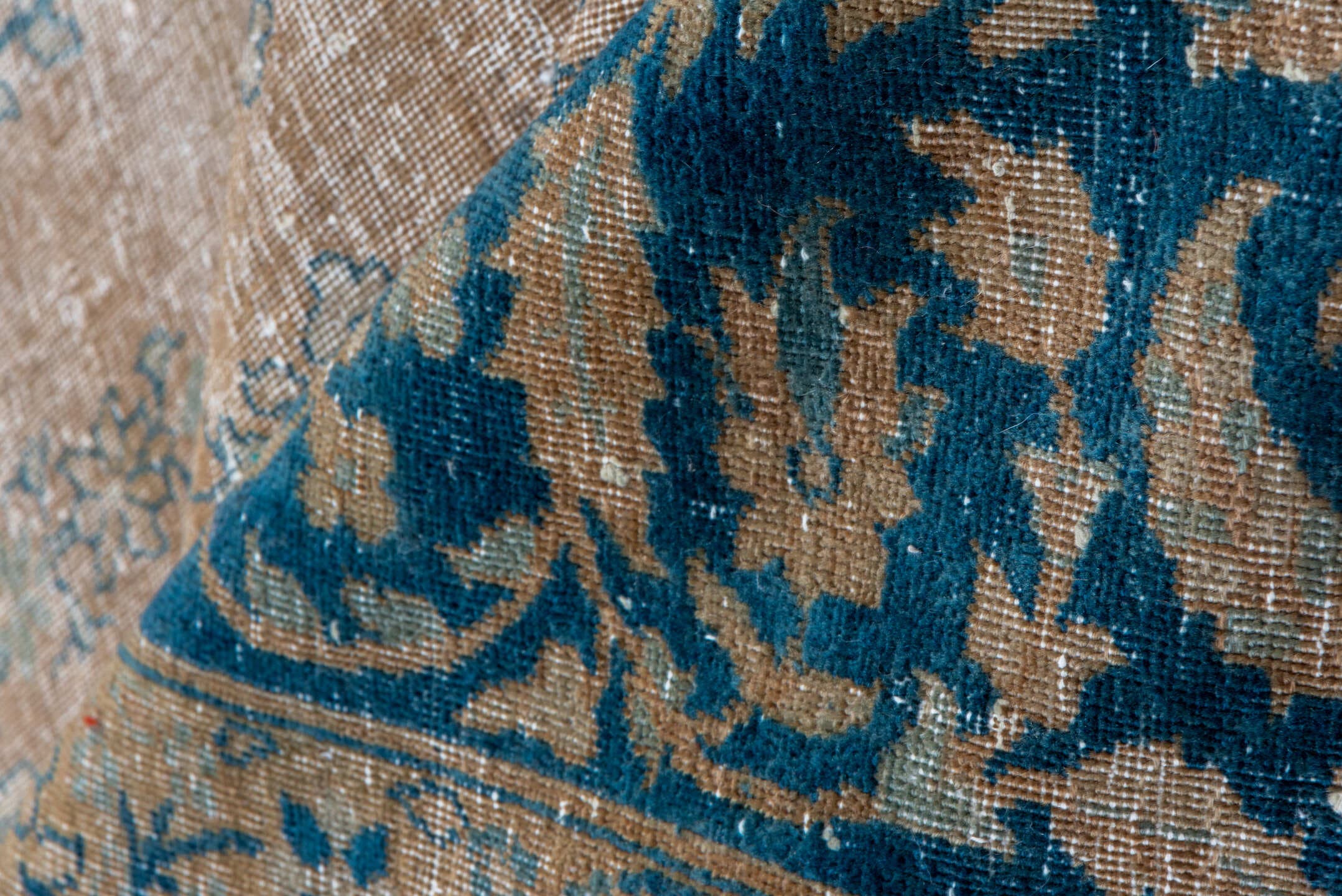8' x 14' one-of-a-kind handmade antique Laristan rug. Color palette: taupe, indigo, beige, slate, ivory, gray, purple