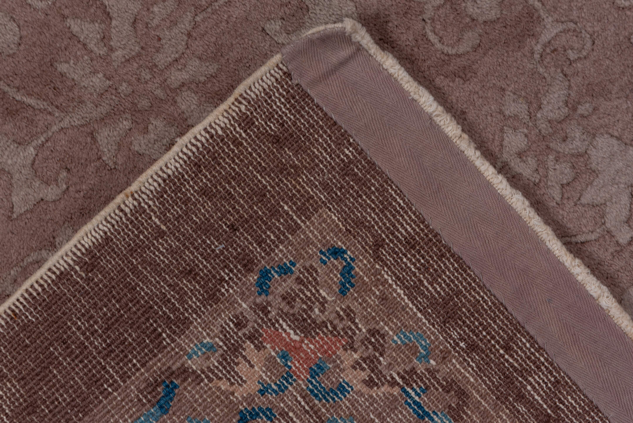 5' x 8' one-of-a-kind handmade vintage Chinese medium size rug. Color palette: blue, brown, gray, pink