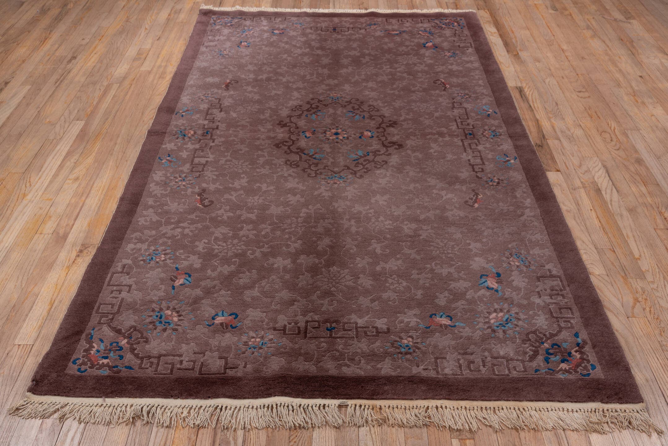 5' x 8' one-of-a-kind handmade antique Chinese medium size rug. Color palette: taupe, mauve, dusty rose, brown, sky blue