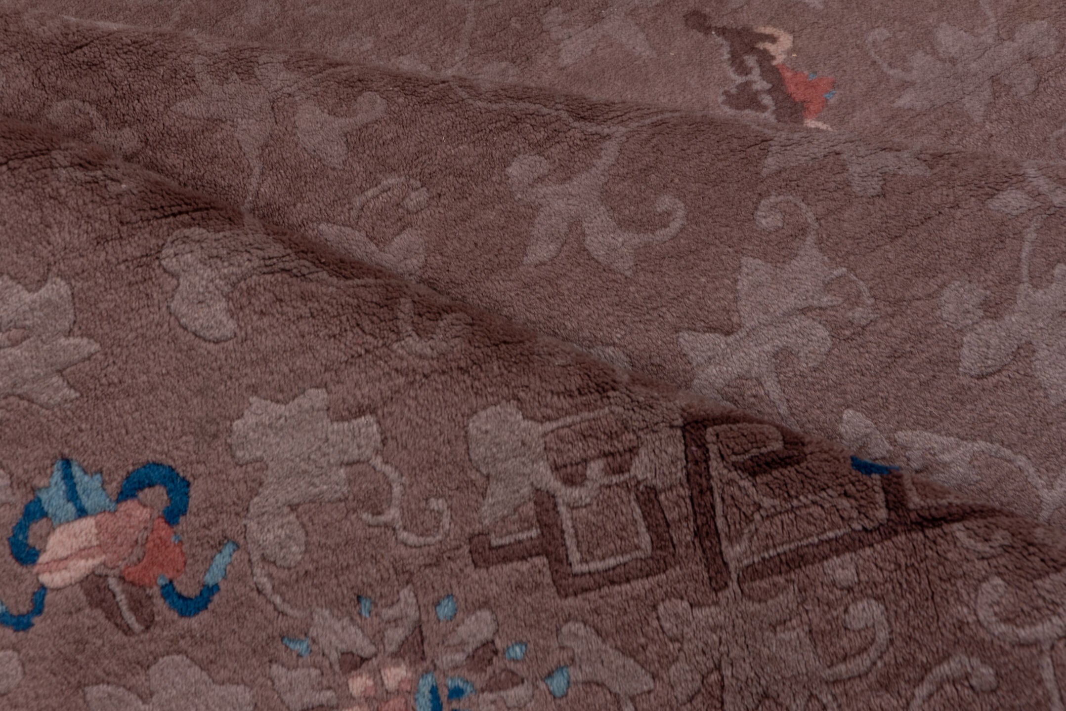 5' x 8' one-of-a-kind handmade vintage Chinese medium size rug. Color palette: blue, brown, gray, pink, red, rosy brown