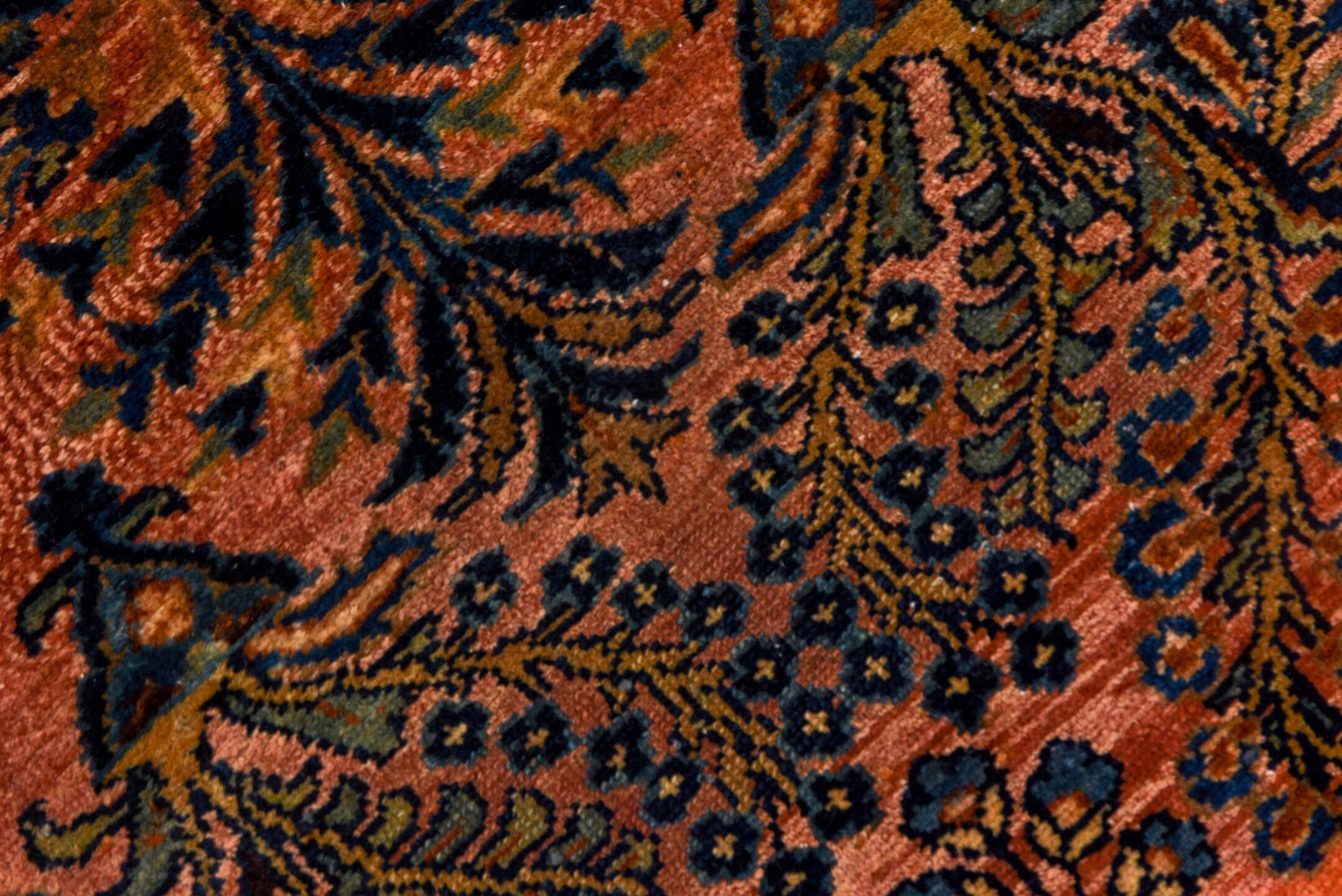 2' x 16' one-of-a-kind handmade antique Lilian runner rug. Color palette: rose, navy, rust, terra cotta, ivory, brown, pink