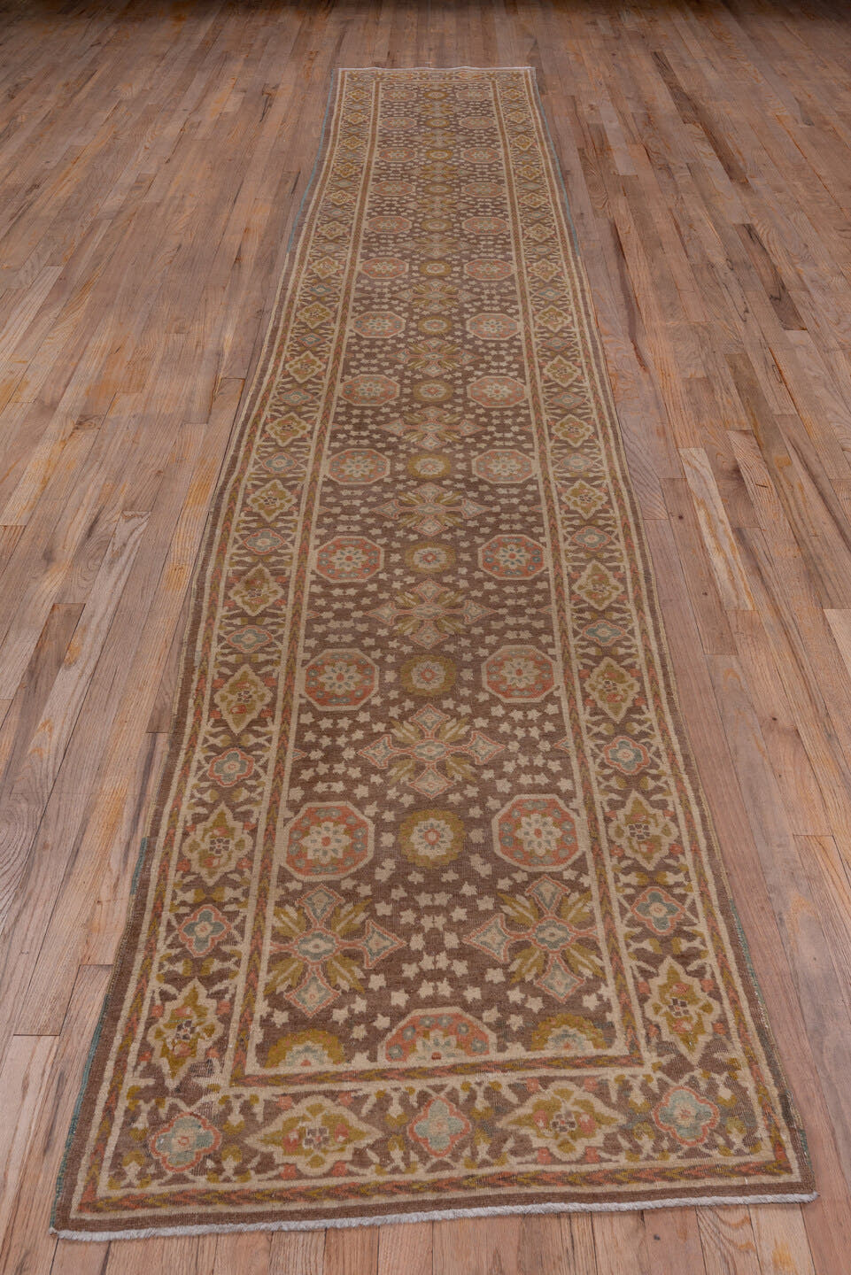 2' x 15' one-of-a-kind handmade antique Tabriz runner rug. Color palette: brown, ivory, rust, gold, camel, slate, taupe